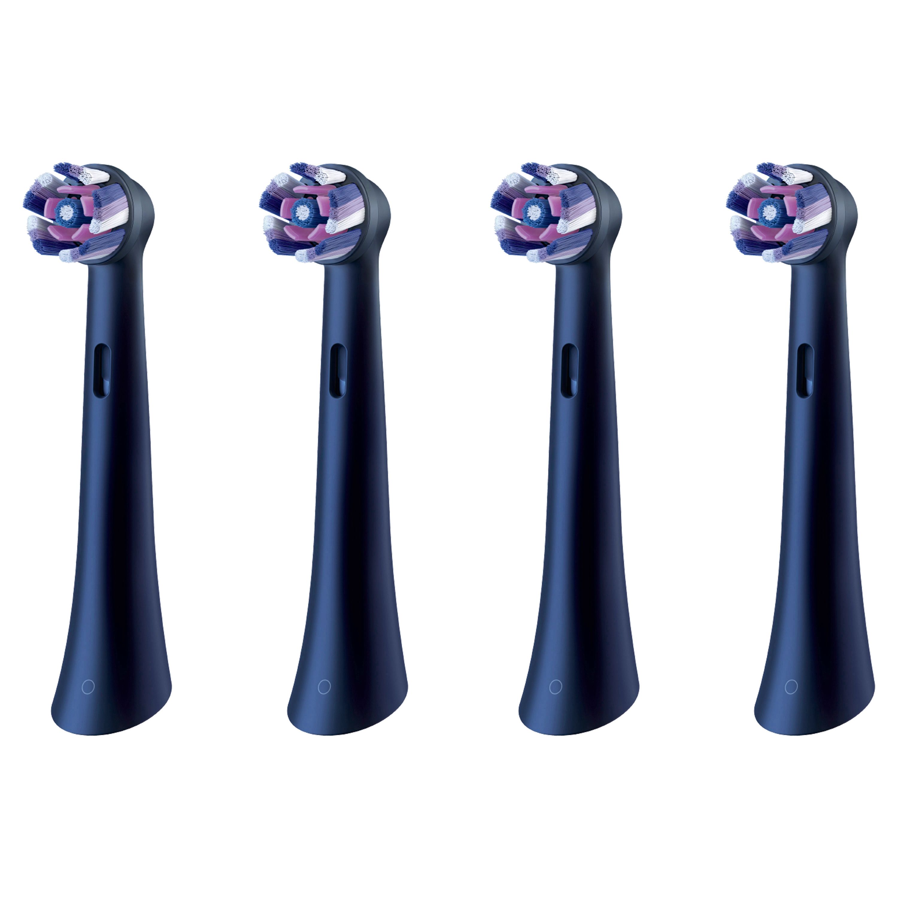 Vier schwarze Oral-B iO Aufsteckbürsten. Lila und weiße Borsten. Einzeln stehend.
