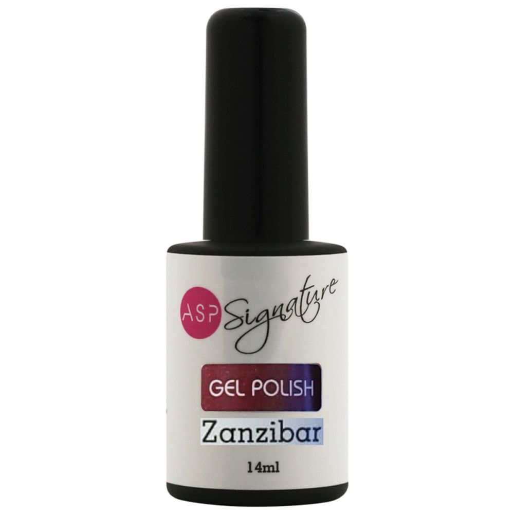 Nagellackflasche mit schwarzem Deckel. Aufschrift: ASP Signature Gel Polish Zanzibar, 14ml.