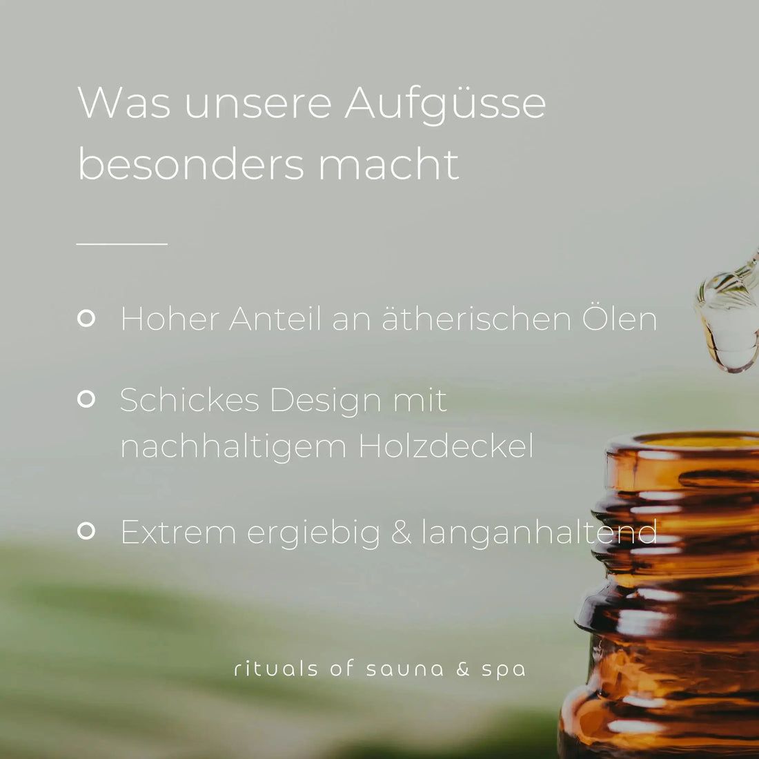 Braune Flasche mit Tropfen. Text: Hoher Anteil an ätherischen Ölen. Schickes Design mit nachhaltigem Holzdeckel.