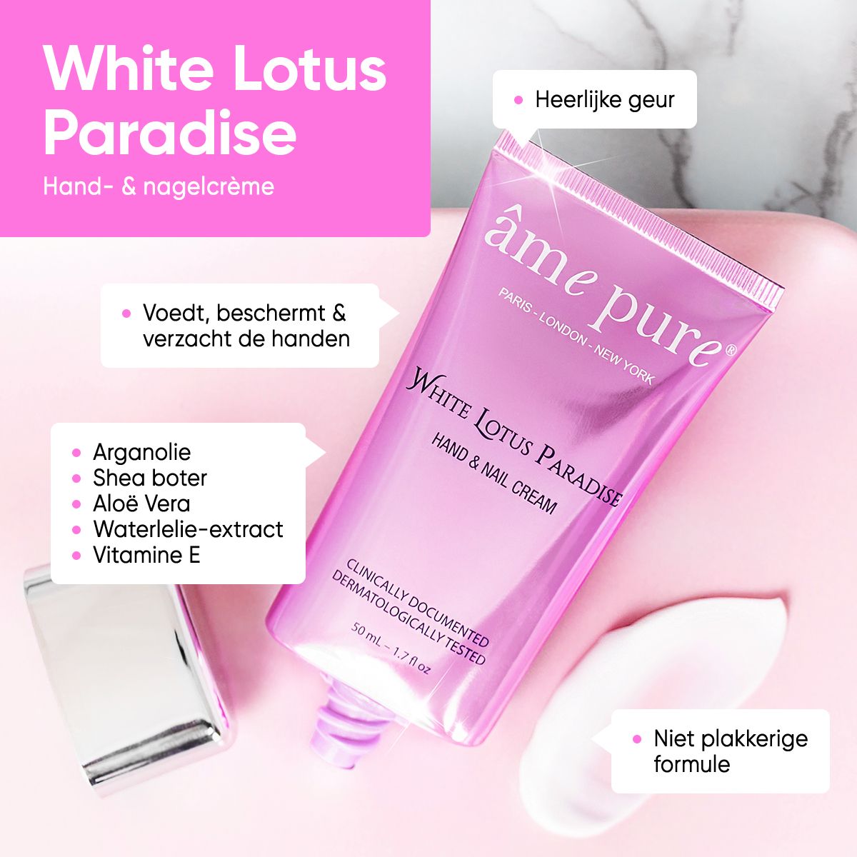 Roze handcrèmetube met tekst en ingrediënten. Tekst: âme pure, White Lotus Paradise, Hand & Nail Cream.