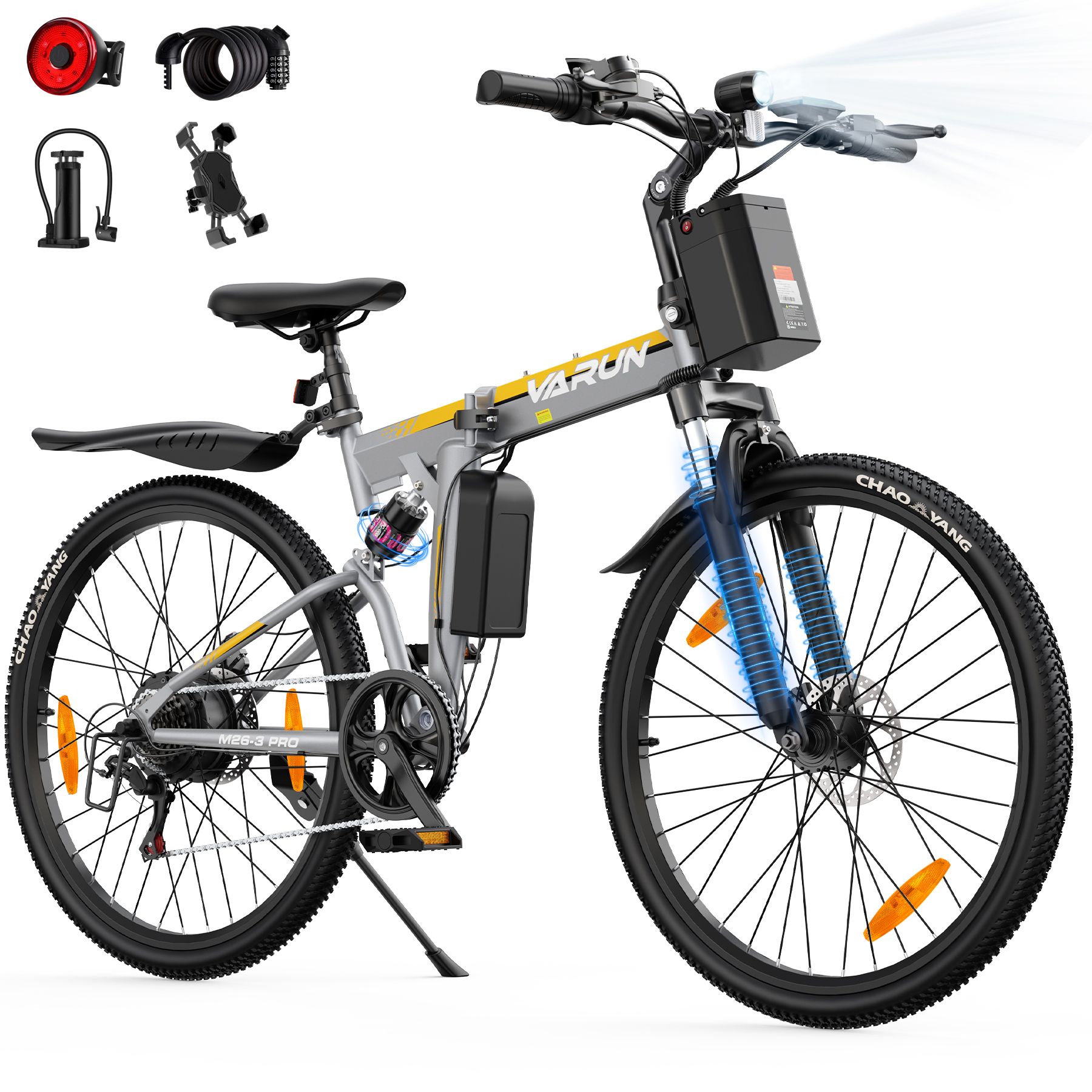 Faltbares E-Bike, grau-gelb. Scheinwerfer, Zubehör. VARUN-Logo. CHAOYANG-Reifen. Zubehör: Licht, Schloss, Pumpe, Halter.