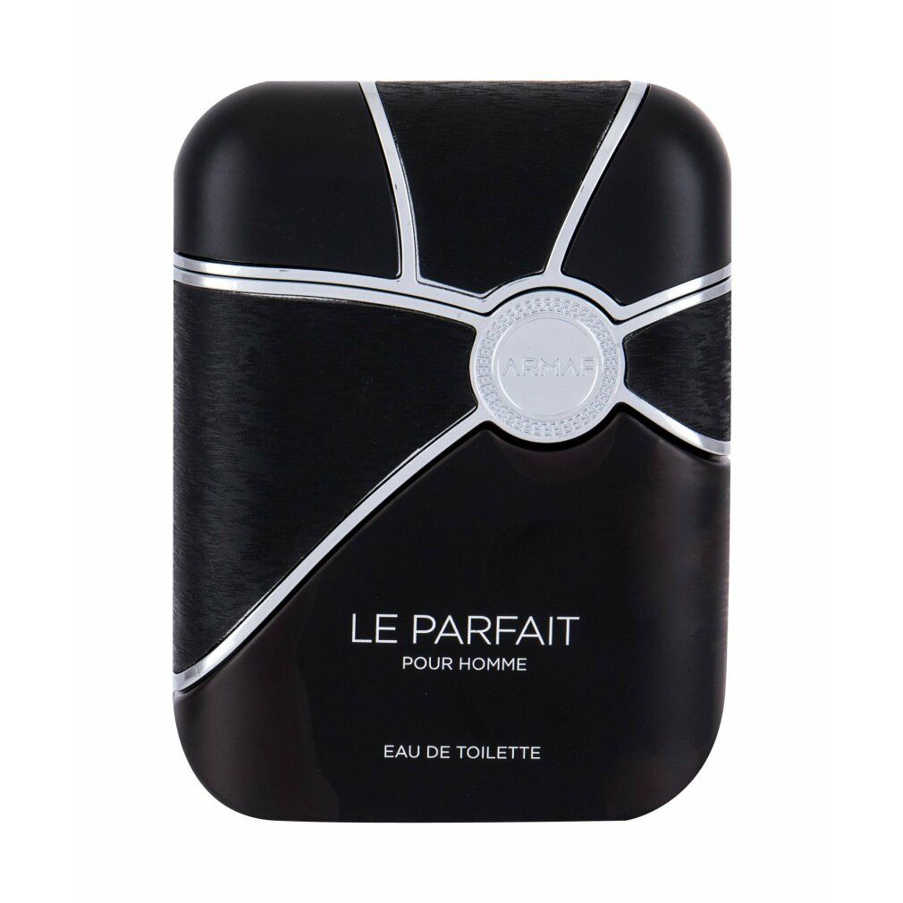 Schwarzer Flakon mit silbernen Akzenten. Aufschrift: Le Parfait Pour Homme, Eau de Toilette. Rundes Logo.