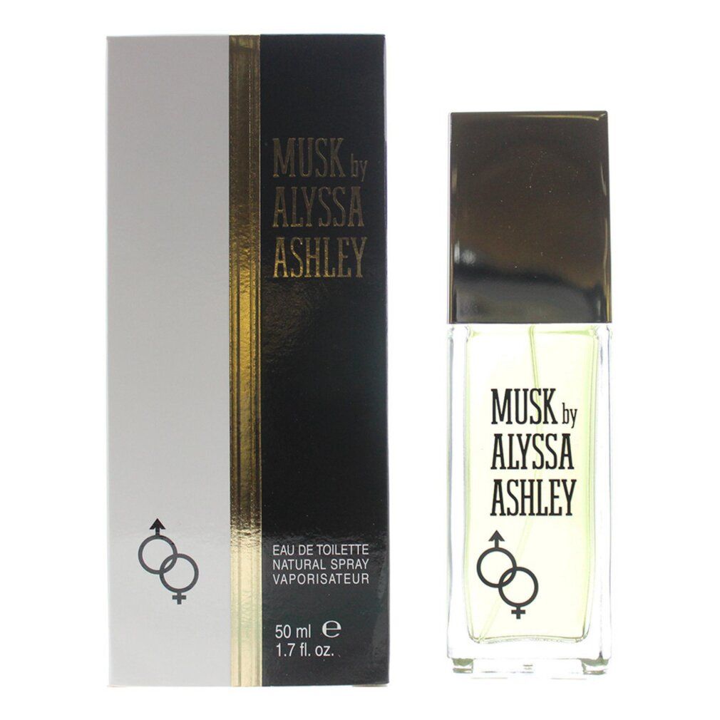 Verpackung und Flakon. Aufschrift: Musk by Alyssa Ashley. Eau de Toilette Natural Spray. 1.7 fl. oz. Schwarze und goldene Akzente.