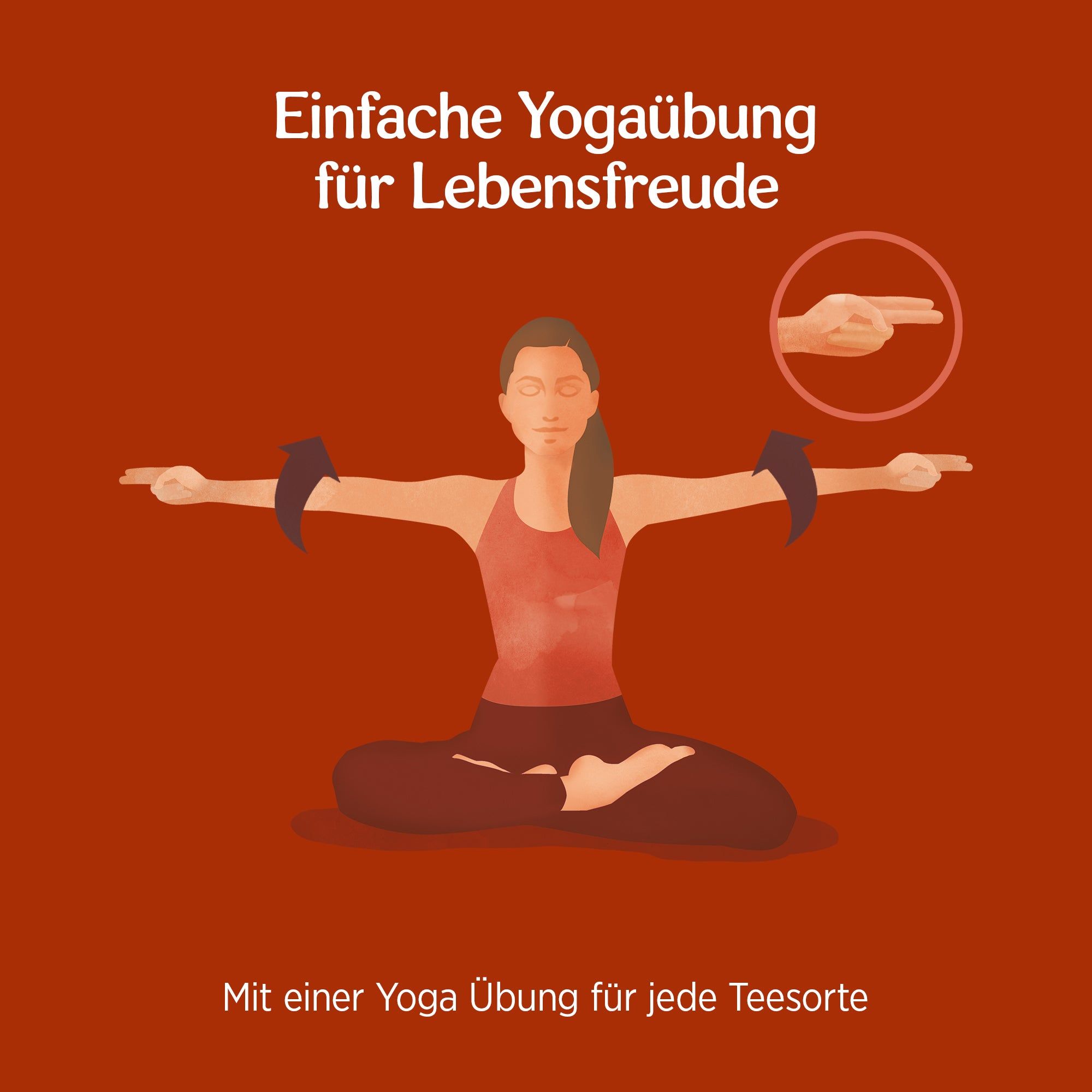 Illustration einer Frau in Yoga-Pose. Text: Einfache Yogaübung für Lebensfreude. Roter Hintergrund.
