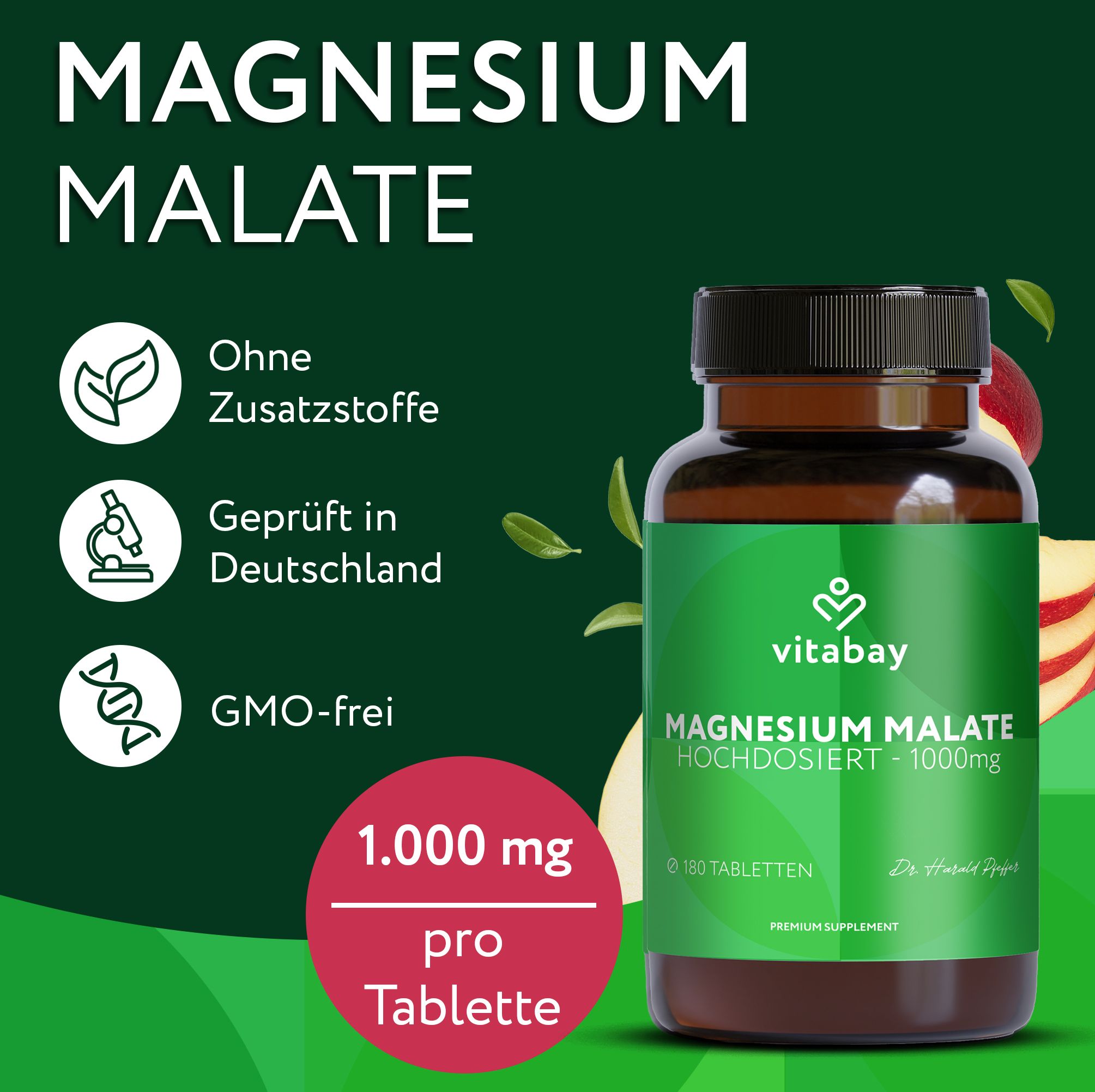 Flasche Vitabay Magnesium Malate. Text: 1.000 mg pro Tablette, ohne Zusatzstoffe, geprüft in Deutschland, GMO-frei.