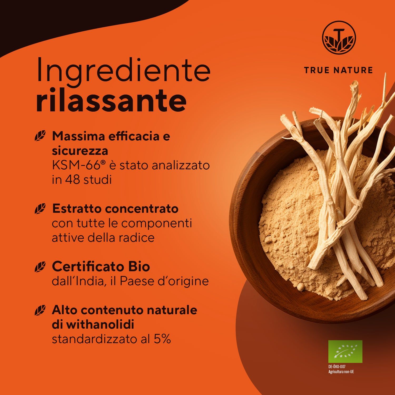 Ciotola di legno con polvere e radici. Testo: Massima efficacia e sicurezza. Certificato Bio dall'India. Alto contenuto naturale.