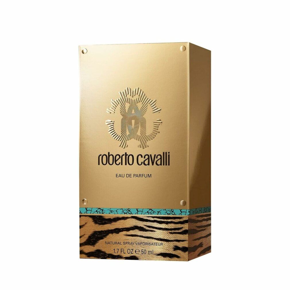 Goldfarbene Verpackung mit Roberto Cavalli Eau de Parfum. Text und Logo.