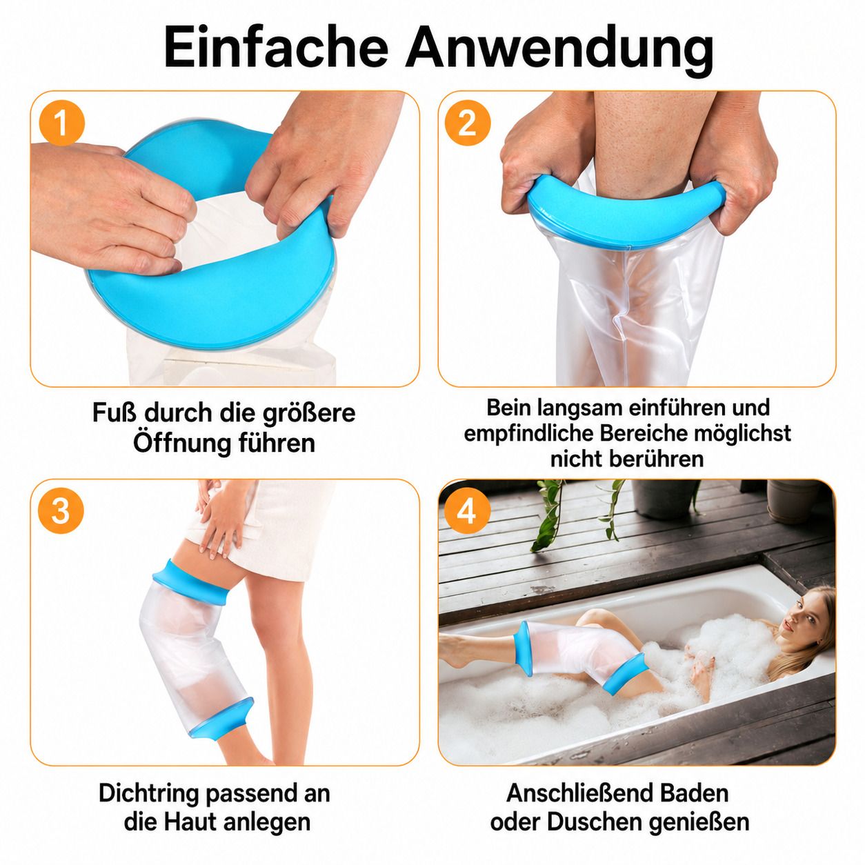Anleitung: Fuß durch größere Öffnung führen.
