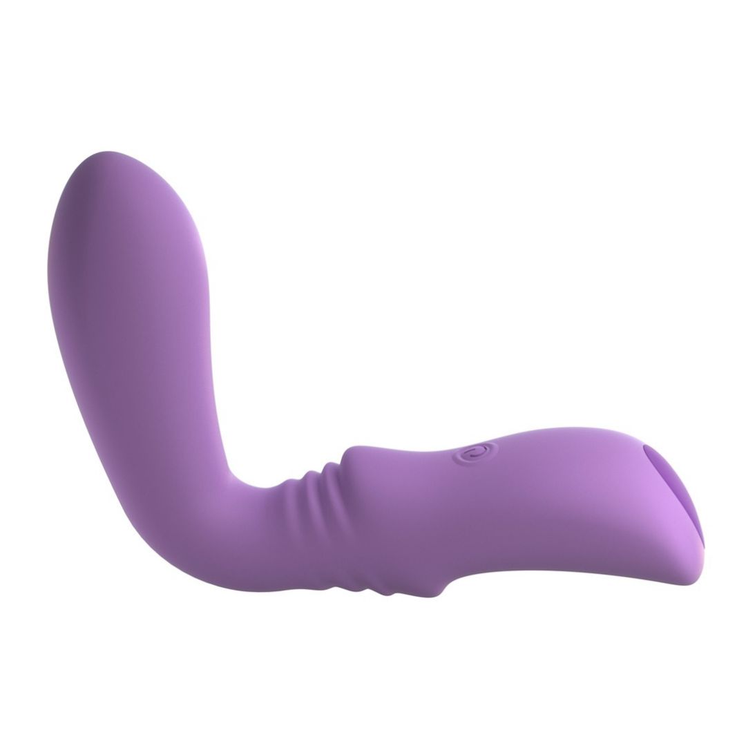 Lila Vibrator in gebogener Form. Mit einer Taste und geriffelter Oberfläche.