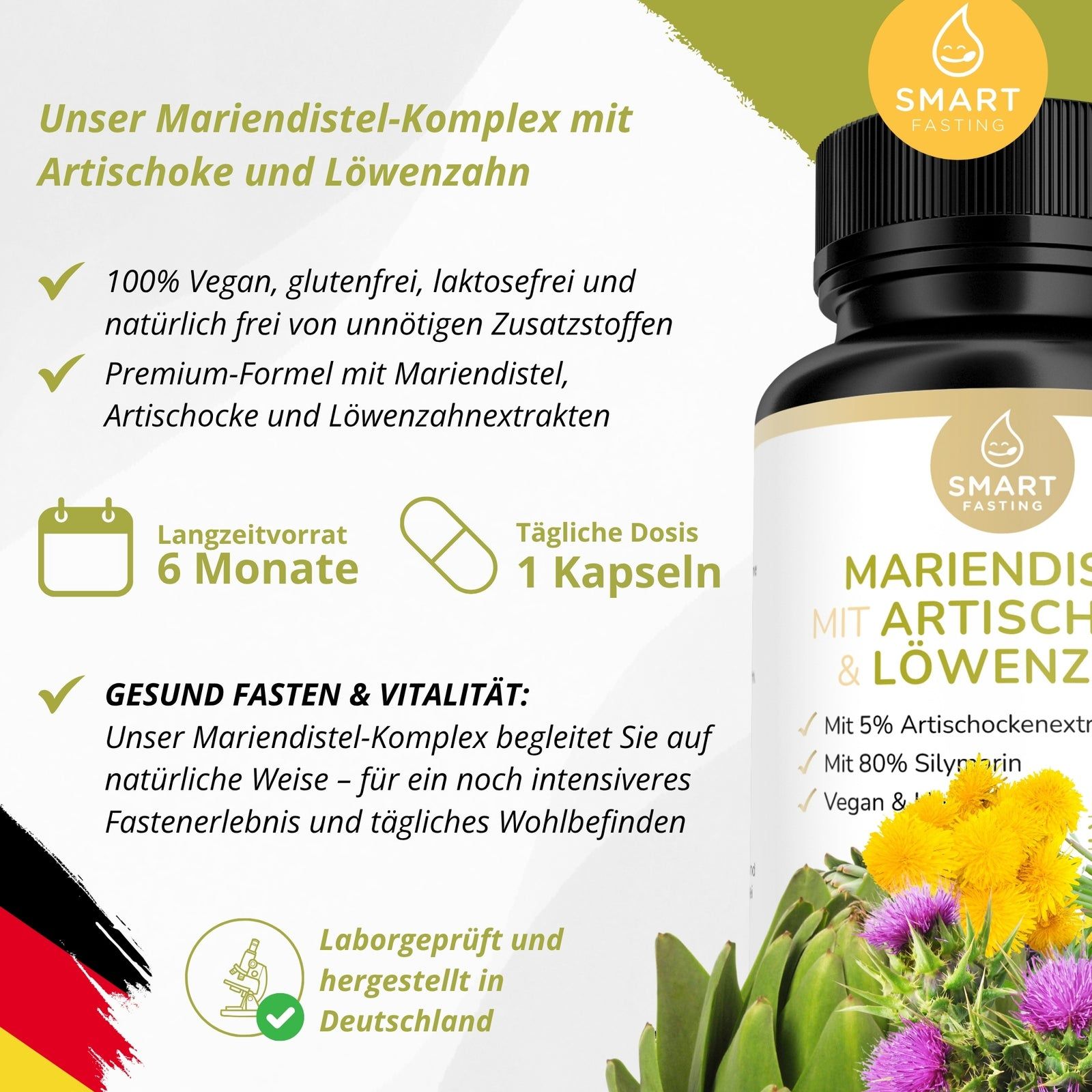 Schwarze Flasche mit weißem Etikett. Text: Mariendistel, Artischocke & Löwenzahn. 100% vegan, glutenfrei, laktosefrei. 6 Monate Vorrat. 1 Kapsel täglich.
