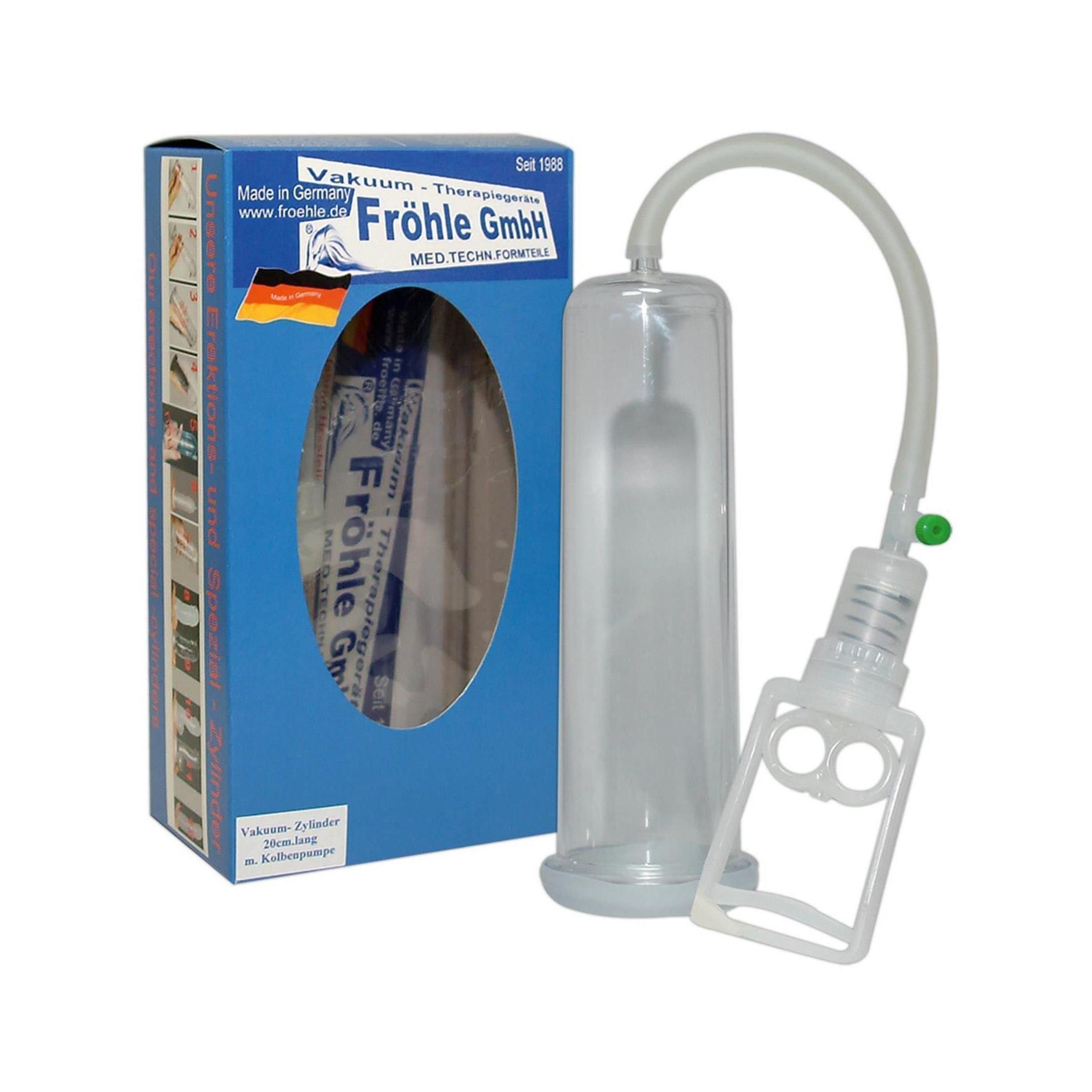 Produktverpackung mit Penispumpe. Blaue Schachtel mit Produktabbildung und Text. Die Pumpe besteht aus Zylinder, Schlauch und Griff.