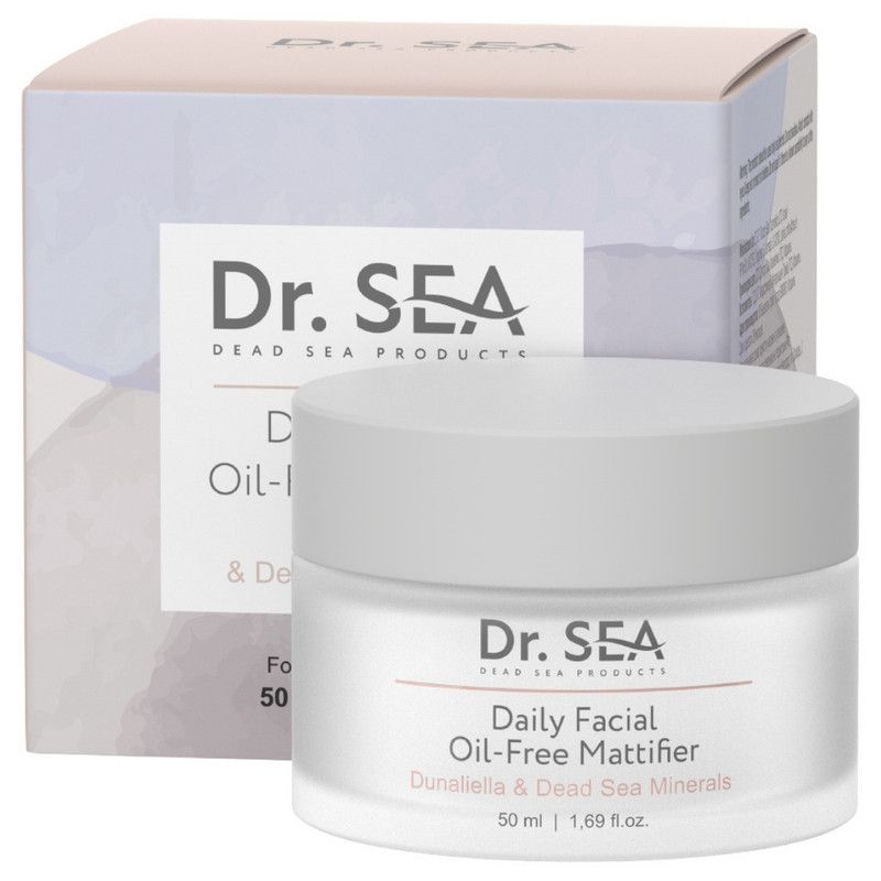Pot de crème et boîte. Inscription : Dr. SEA, Daily Facial Oil-Free Mattifier, Dunaliella & Dead Sea Minerals.