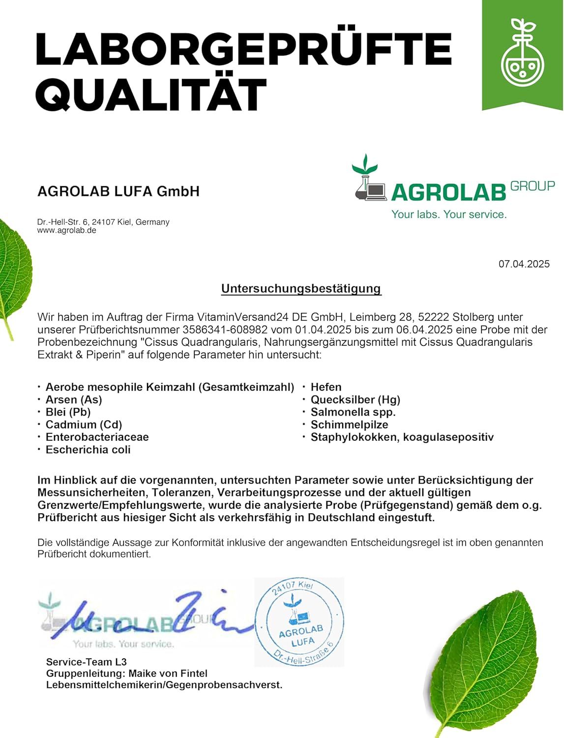 Laborbericht für Vit4ever Cissus Quadrangularis Intenso von Agrolab.