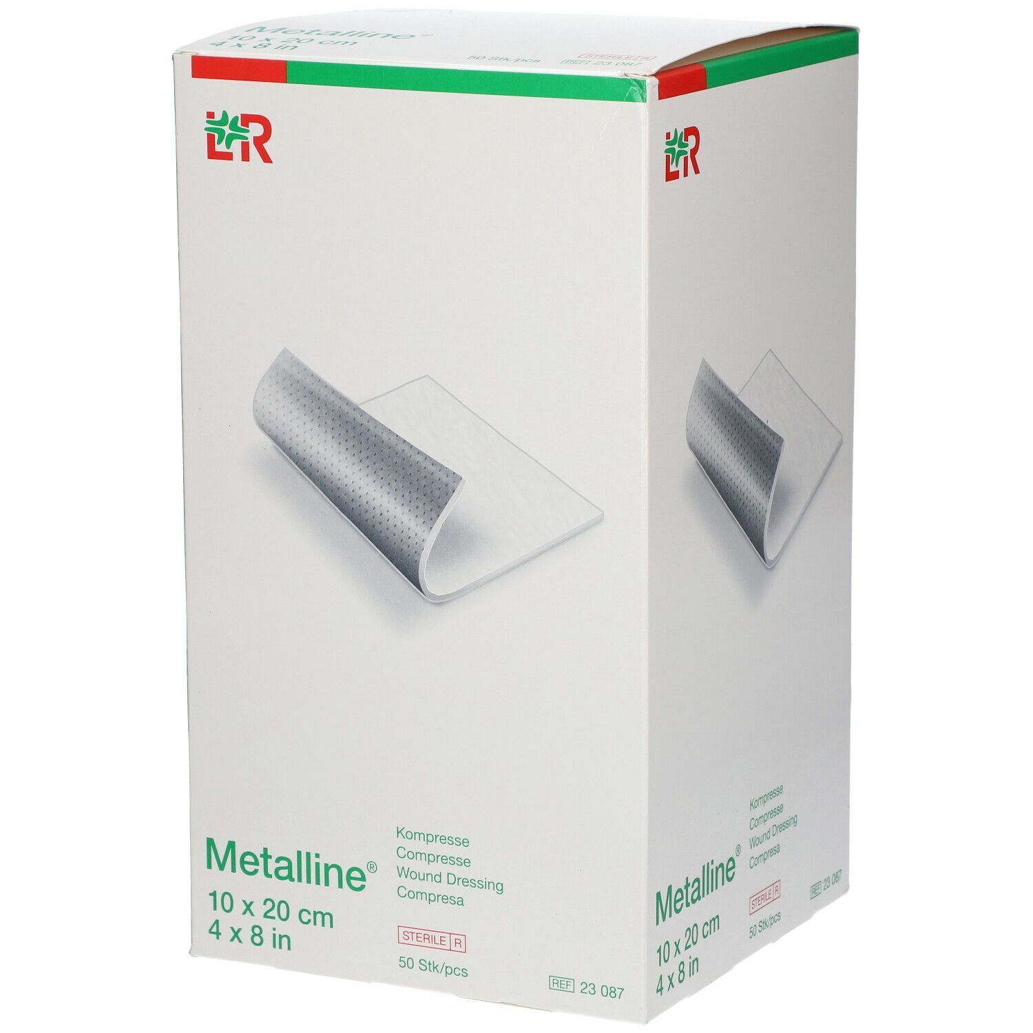 Verpackung von Metalline Kompressen. Aufdruck: 10 x 20 cm, steril, 50 Stück. Logo LR. Gezeigt ist eine Kompresse.