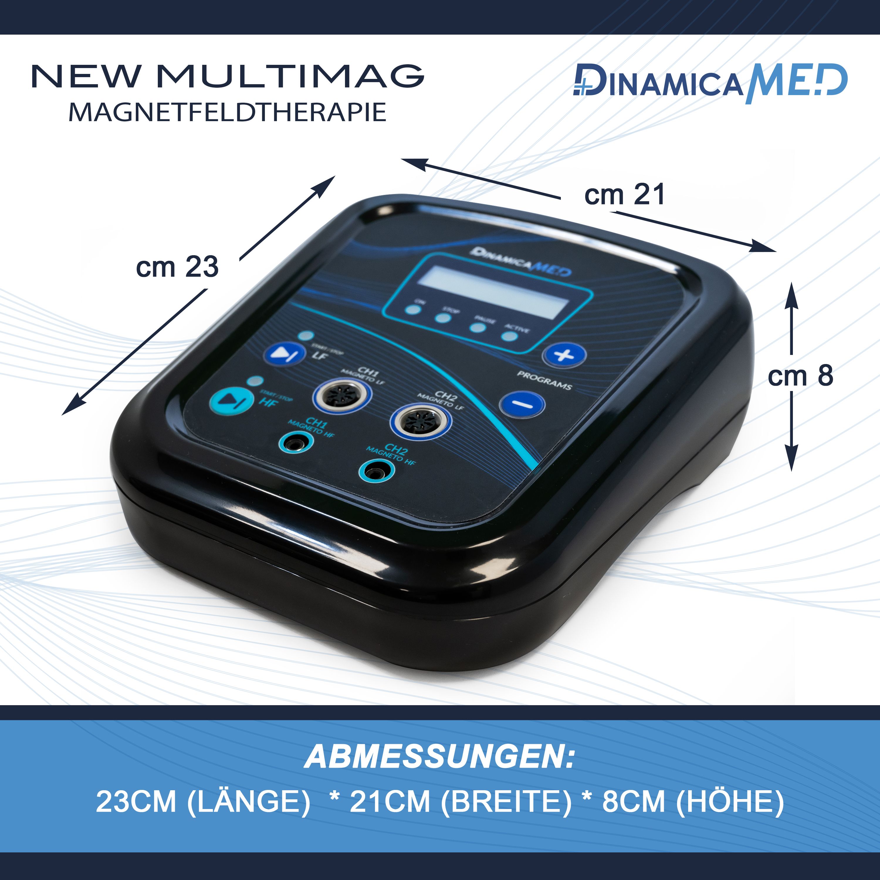 Schwarzes Magnetfeldtherapiegerät mit Display und Bedienelementen. Maße: 23x21x8 cm.