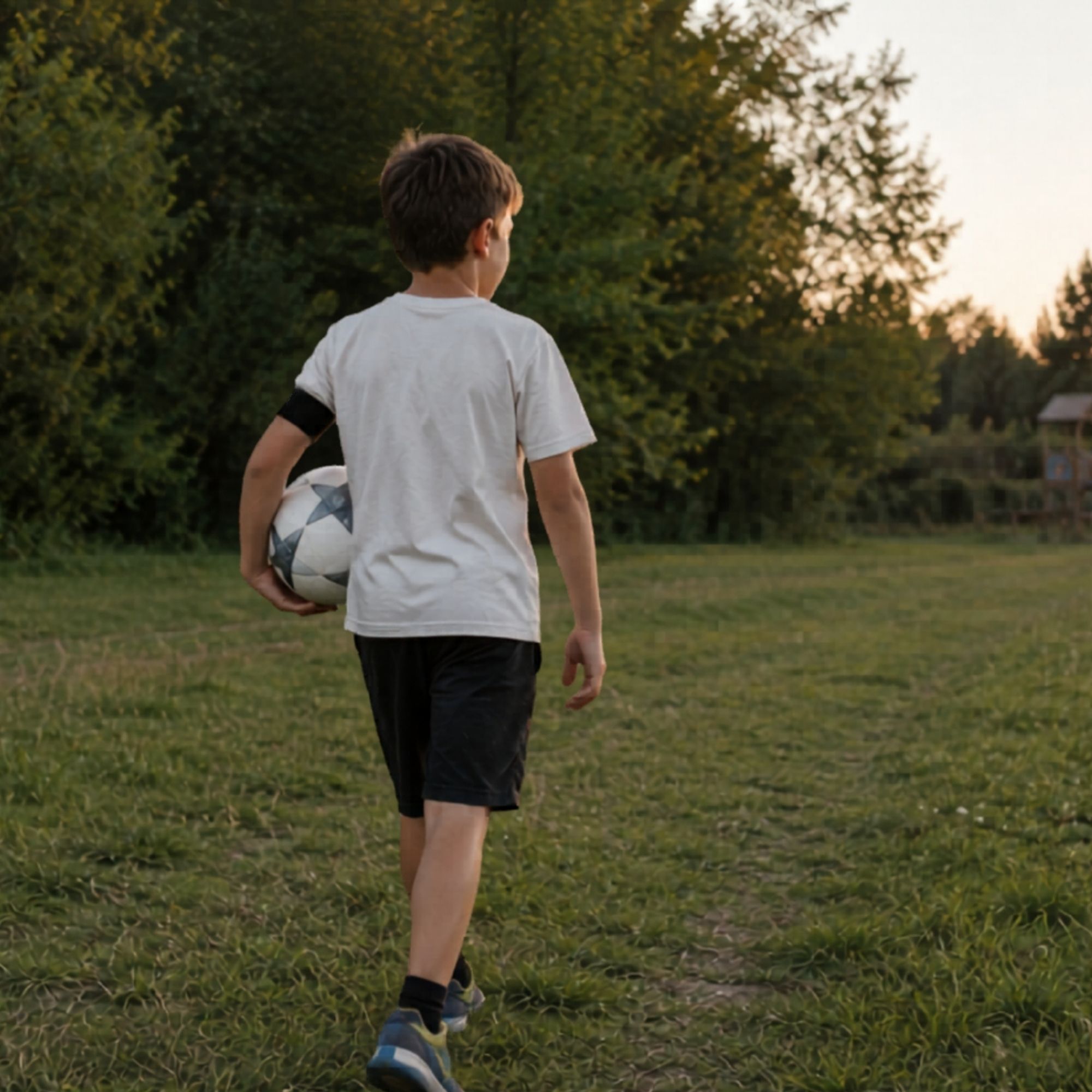 Junge mit Fußball und Armloop am Arm. Geht auf einer Wiese. Bäume im Hintergrund.