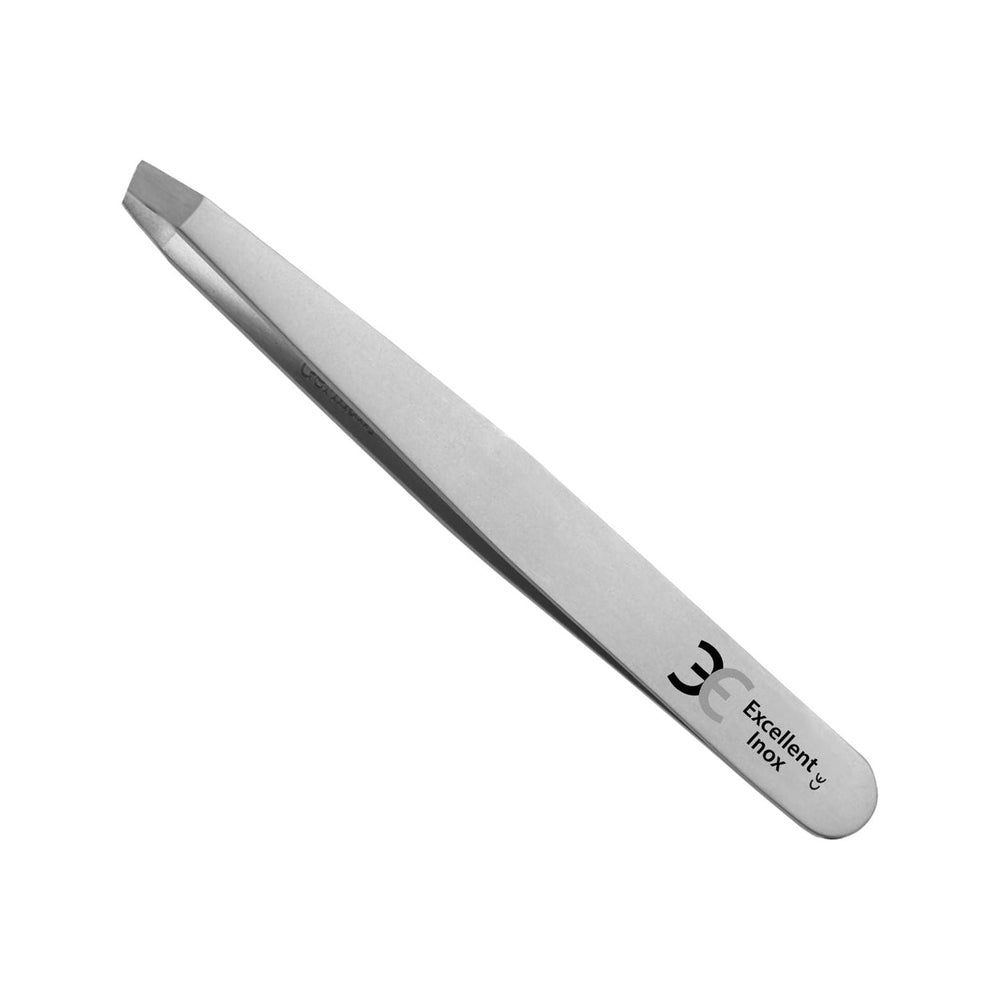 Gerade Pinzette aus rostfreiem Stahl. Spitze abgeschrägt. Aufschrift: Excellent Inox, CE-Zeichen.