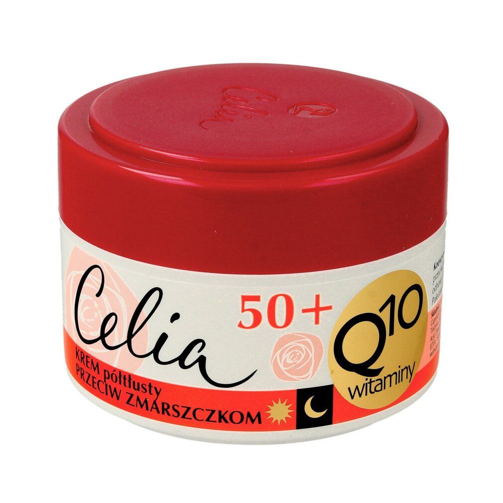 Creme-Dose mit rotem Deckel. Aufschrift Celia, 50+, Q10 Vitamine. Text: Krem półtłusty przeciw zmarszczkom. Sonnen- und Mondsymbol.
