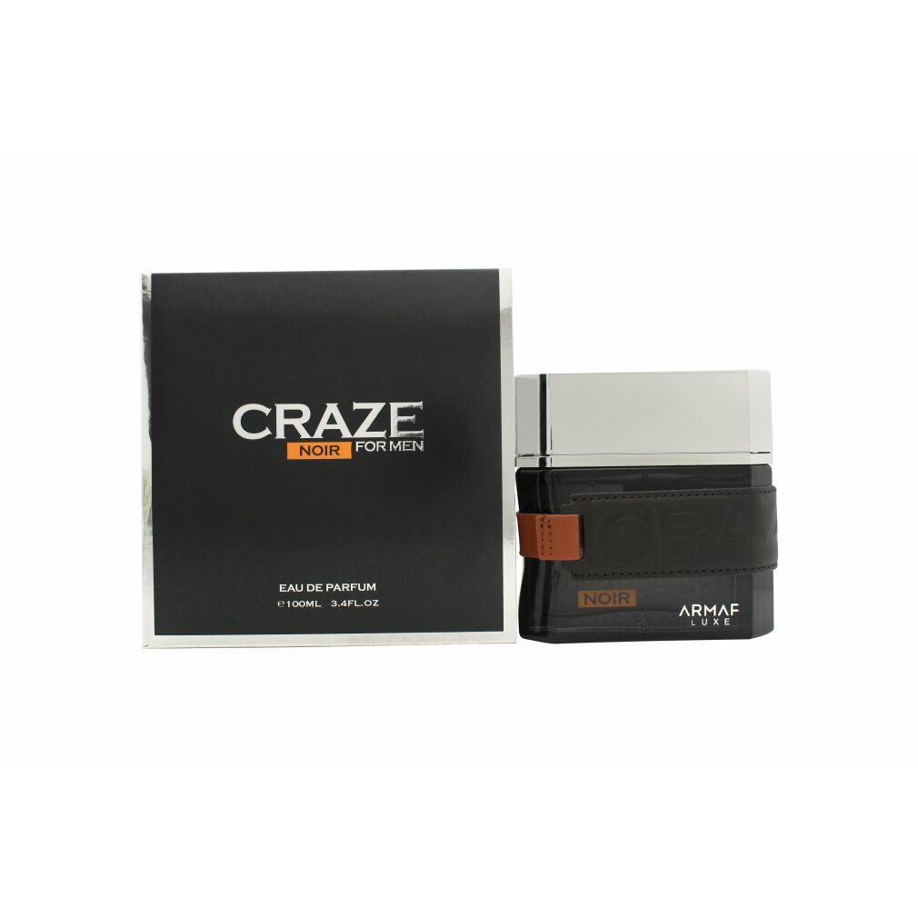 Schwarzer Flakon mit braunem Lederband und schwarzer Verpackung. Aufschrift: Craze Noir For Men, Eau de Parfum, Armaf.