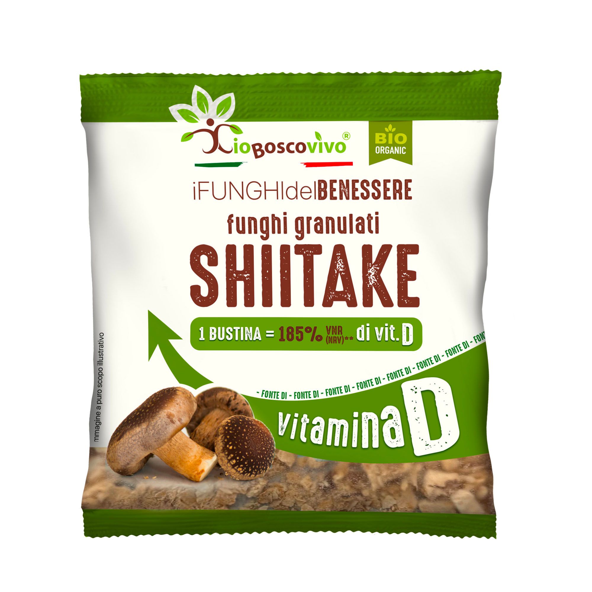 IoBoscoVivo Bio-Shiitake Pilze granuliert, reich an Vitamin D, mit frischen Pilzen.