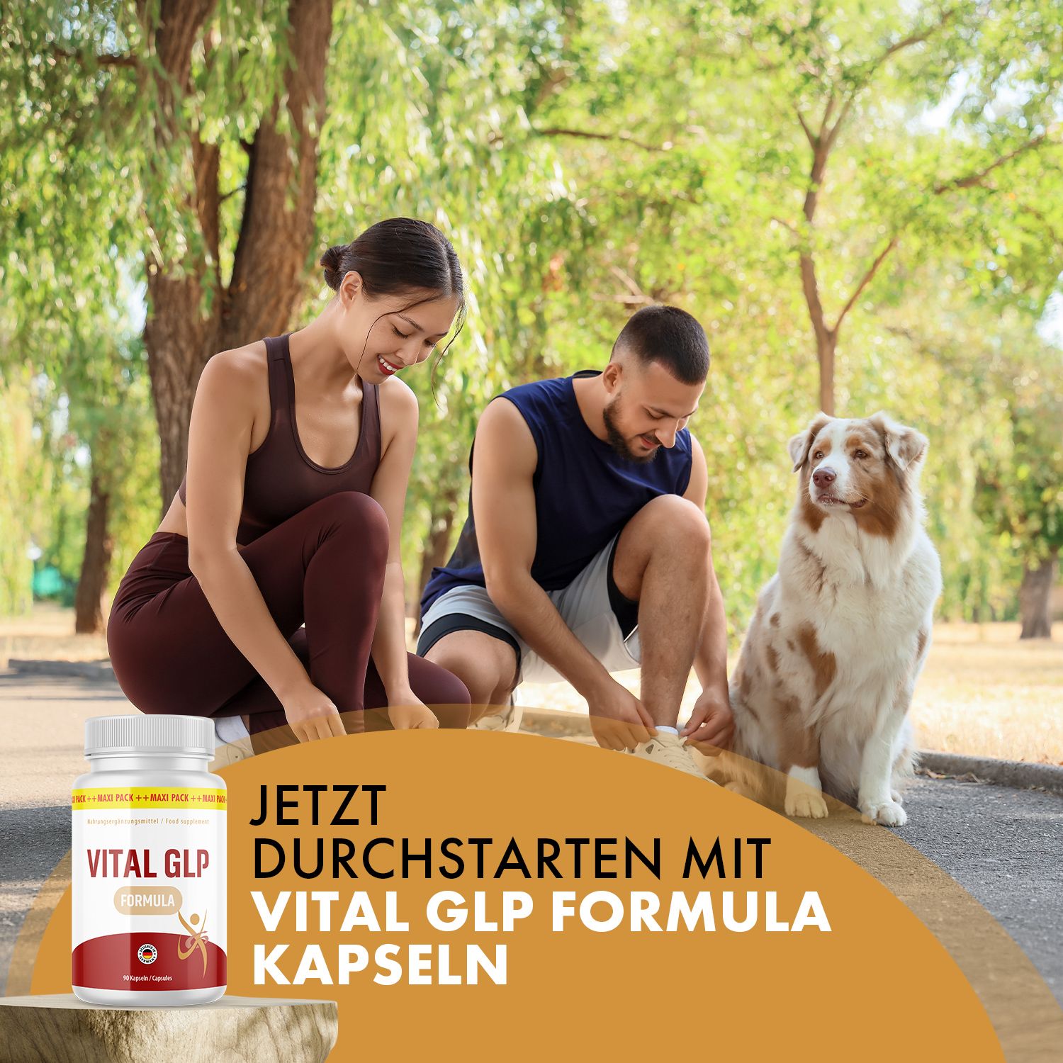 Paar bindet Schuhe, Hund sitzt daneben. Flasche mit rotem Etikett: VITAL GLP FORMULA. Text: JETZT DURCHSTARTEN MIT VITAL GLP FORMULA KAPSELN.