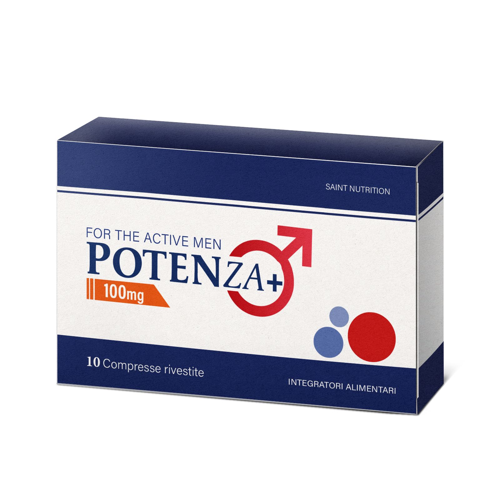 Confezione del prodotto con scritta: POTENZA+ 100mg. 10 Compresse rivestite. Per l'uomo attivo. Saint Nutrition.