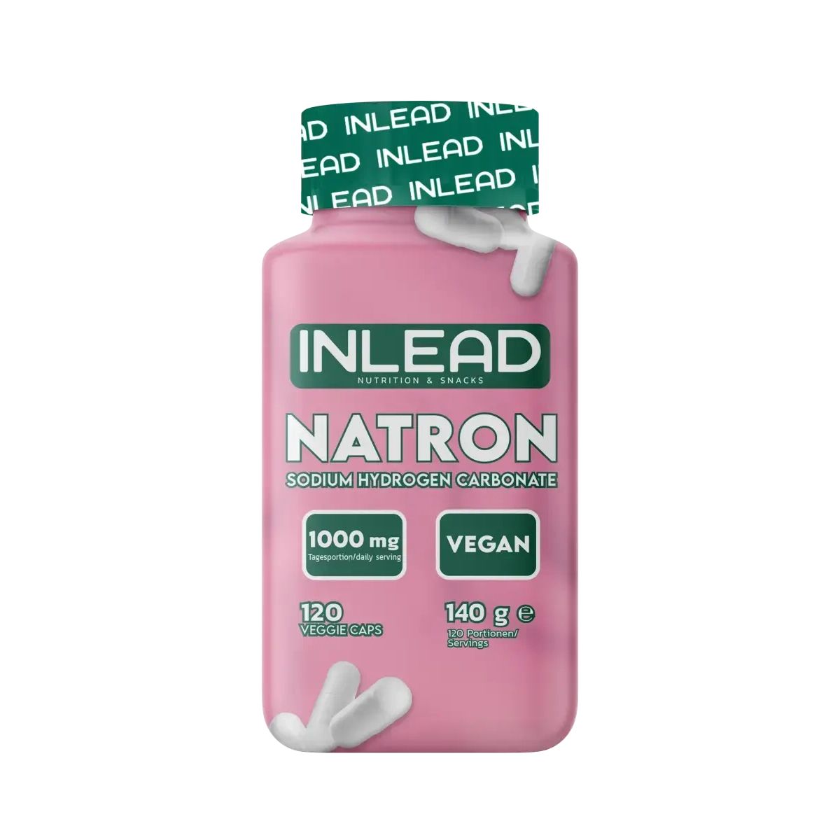 Rosa Flasche mit INLEAD Natron Kapseln. Aufschrift: Natron, 1000 mg, vegan, 120 Kapseln. Grüner Deckel mit INLEAD-Logo.