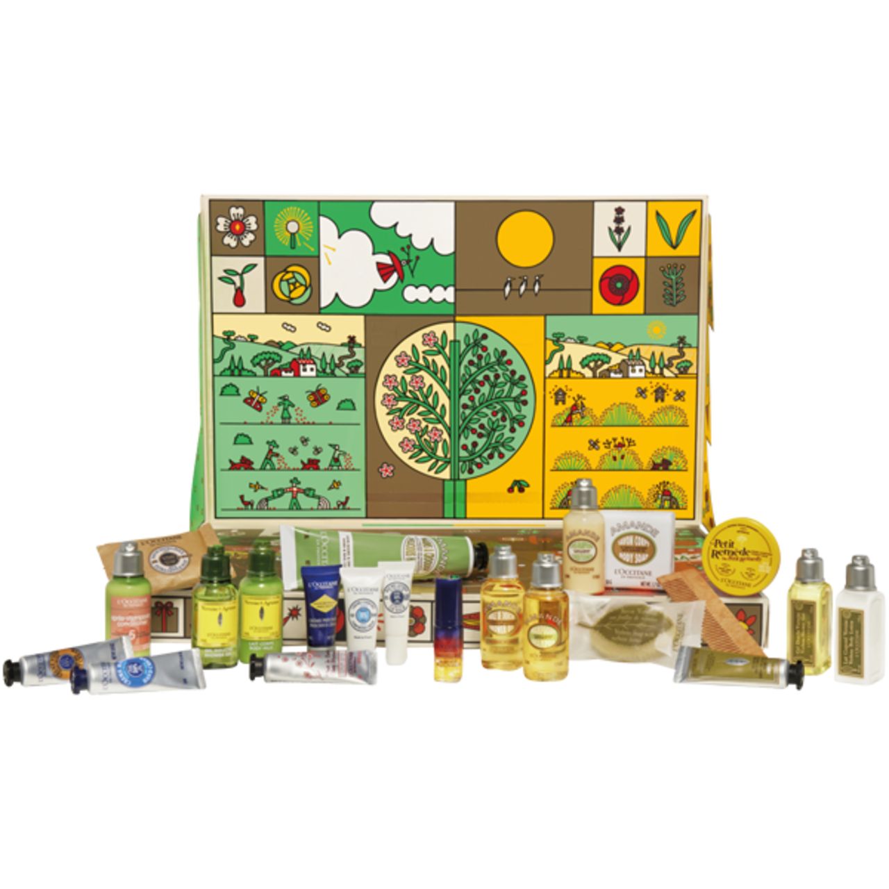 Adventskalender mit Produkten. Verschiedene Flaschen, Tuben und Tiegel. L'Occitane-Produkte auf weißem Hintergrund.
