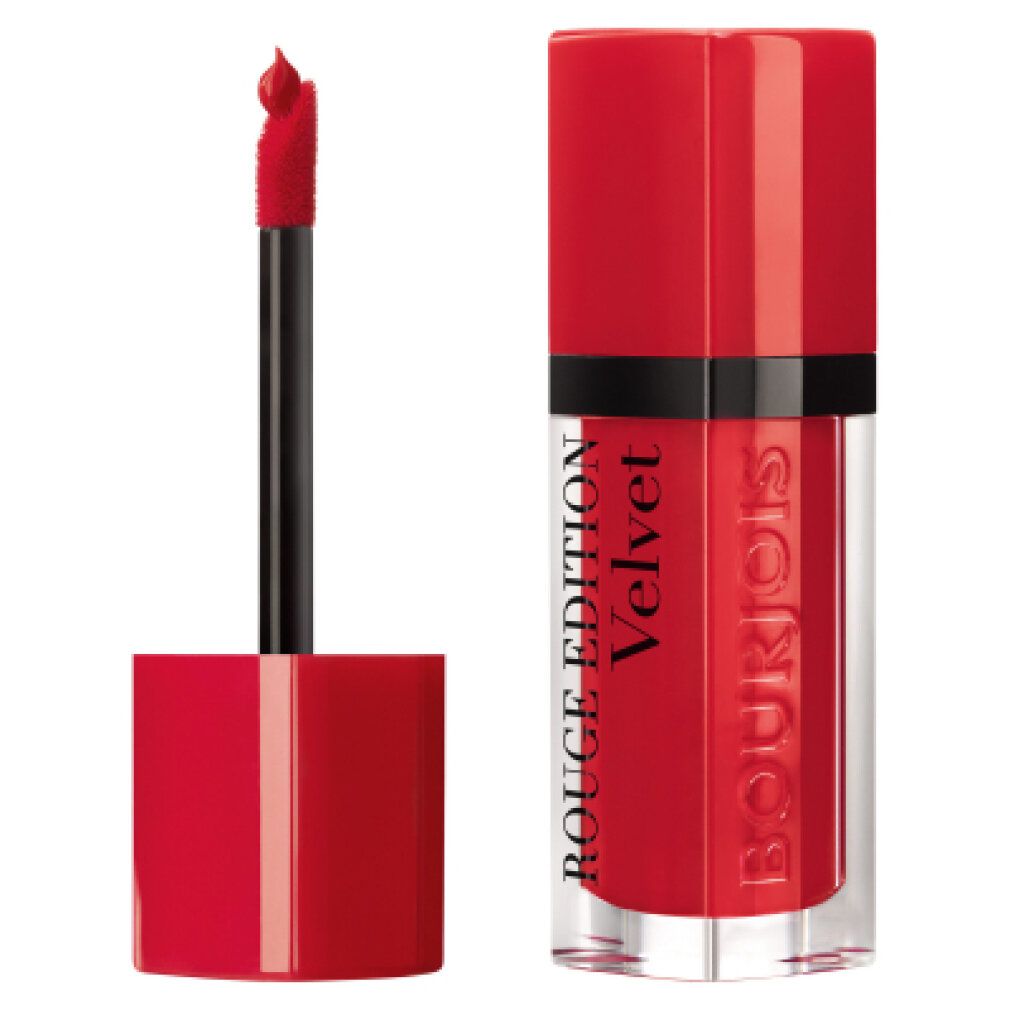 Roter Lippenstift mit Applikator und roter Kappe. Aufschrift: Rouge Edition Velvet und Bourjois.