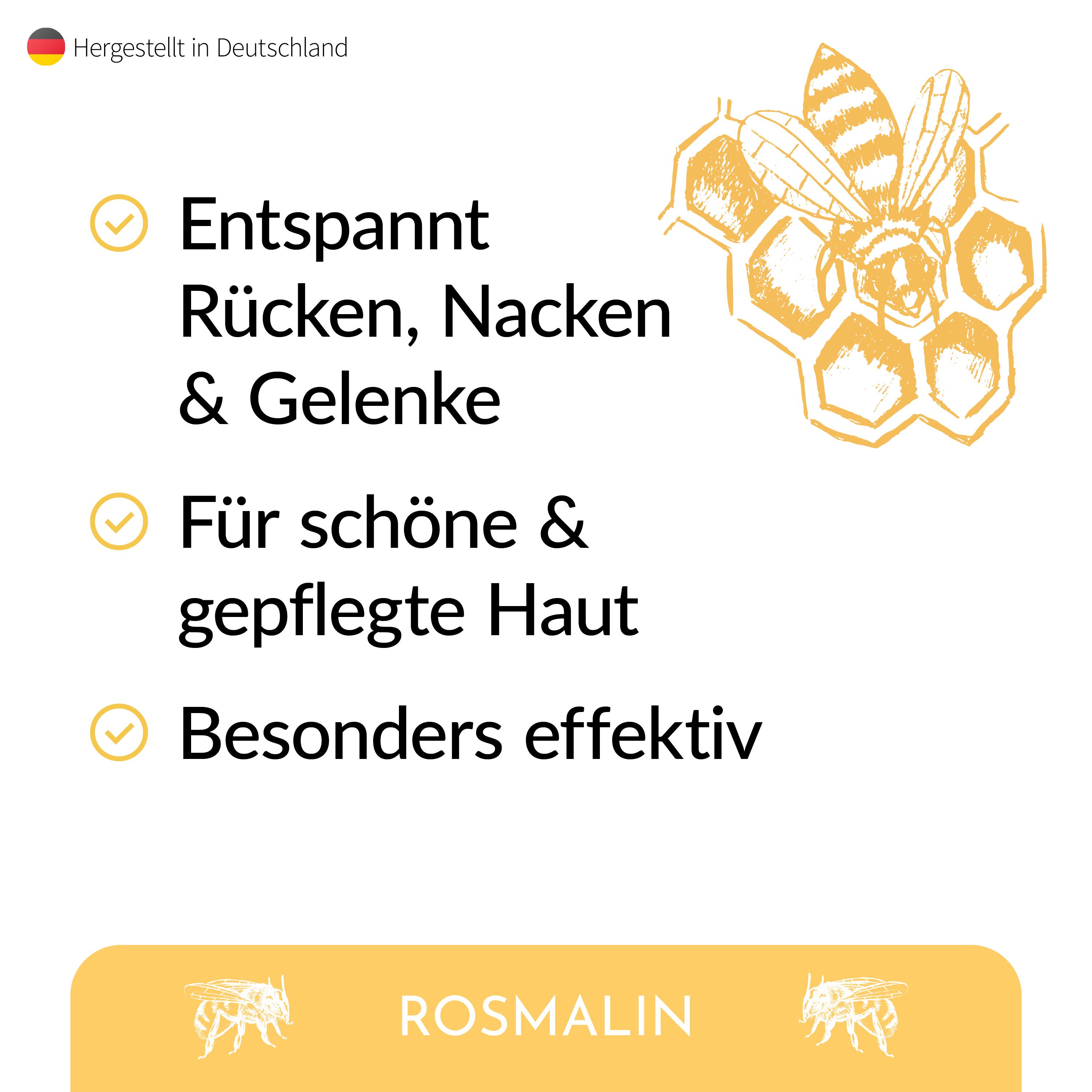 Text mit gelben Häkchen: Entspannt Rücken, Nacken & Gelenke, Für schöne & gepflegte Haut, Besonders effektiv. Honigwaben-Design.