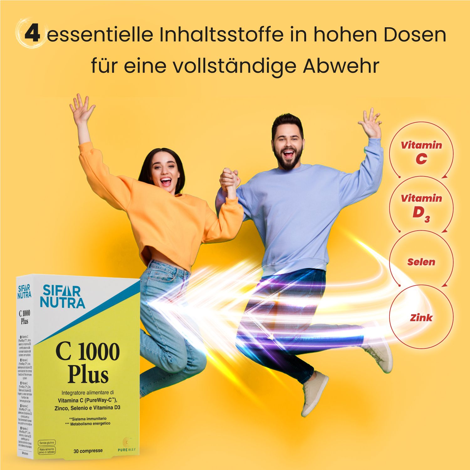 Zwei Personen springen. Gelbe Schachtel "Sifar Nutra C 1000 Plus". Text: Vitamin C, D3, Selen, Zink. 4 essentielle Inhaltsstoffe.