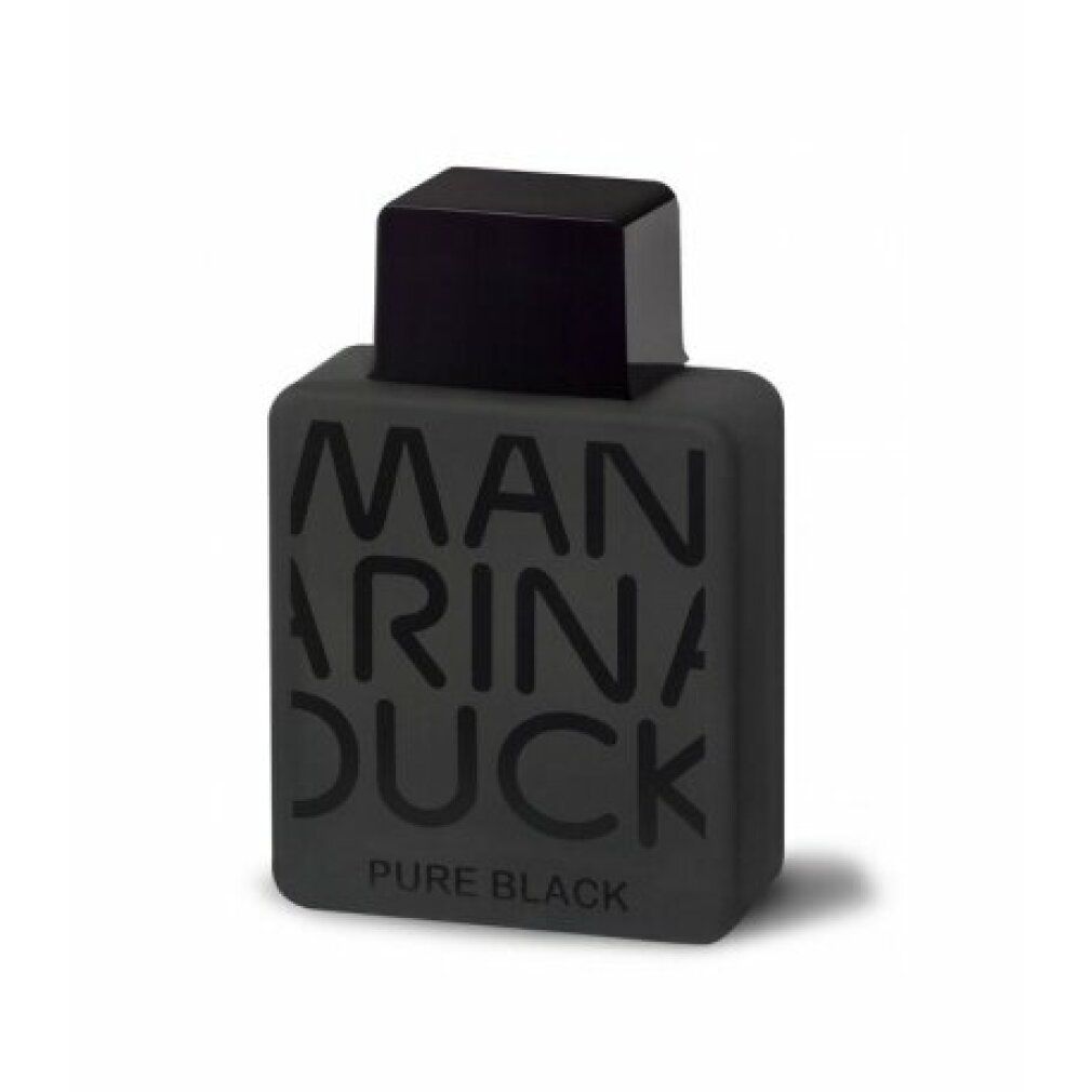 Schwarzer Flakon mit schwarzem Deckel. Aufschrift: MAN, ARINA, DUCK, darunter PURE BLACK.