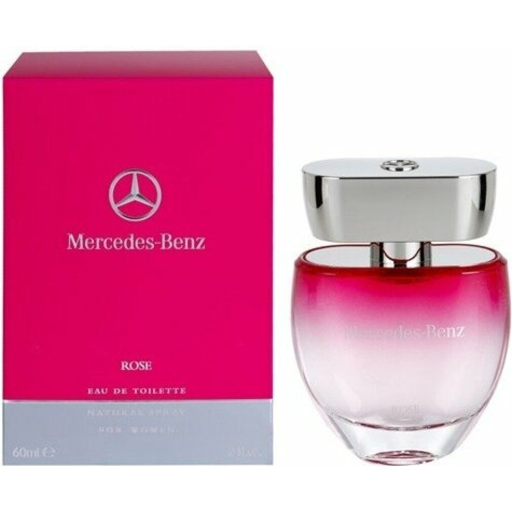 Rosa Verpackung und Parfümflakon. Verpackung: Mercedes-Benz, ROSE, Eau de Toilette. Flakon: Farbverlauf, silberner Verschluss, Mercedes-Benz.