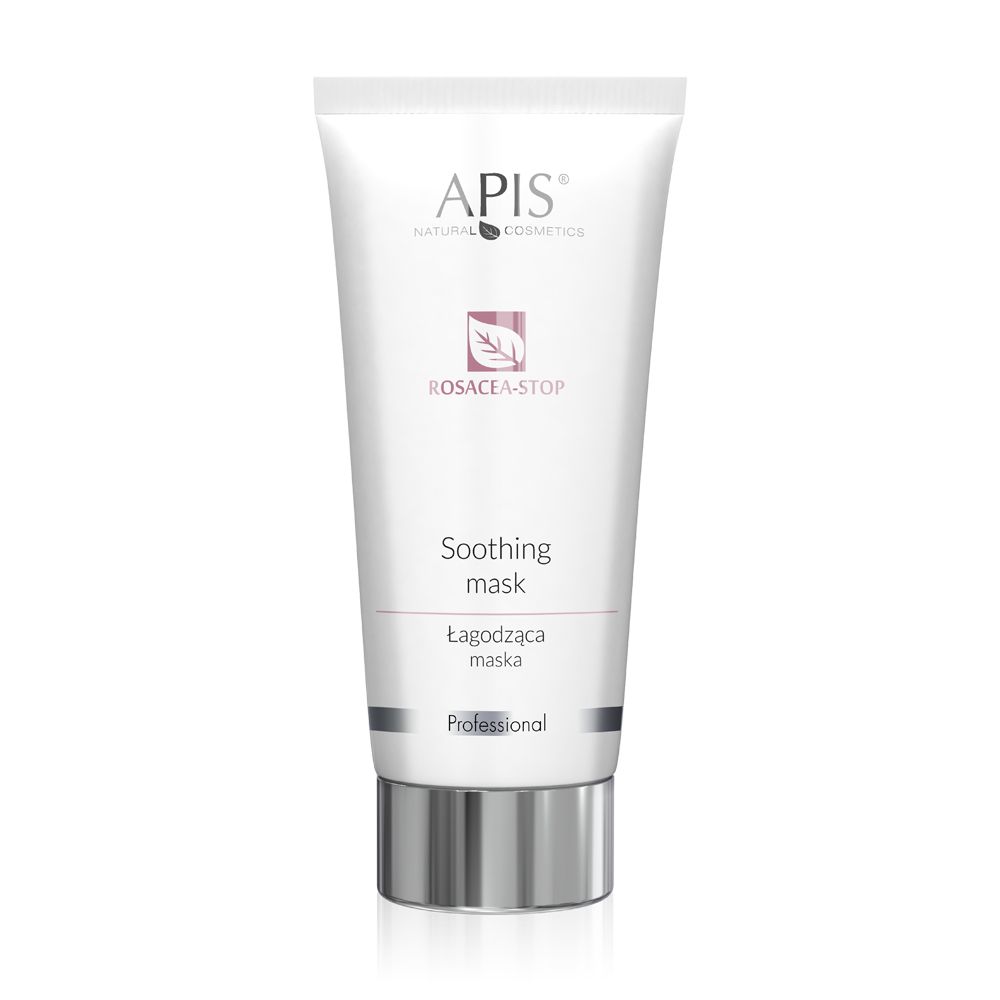 Weiße Tube mit APIS-Logo und ROSACEA-STOP-Schriftzug. Enthält eine beruhigende Maske. Professionelle Kosmetik.