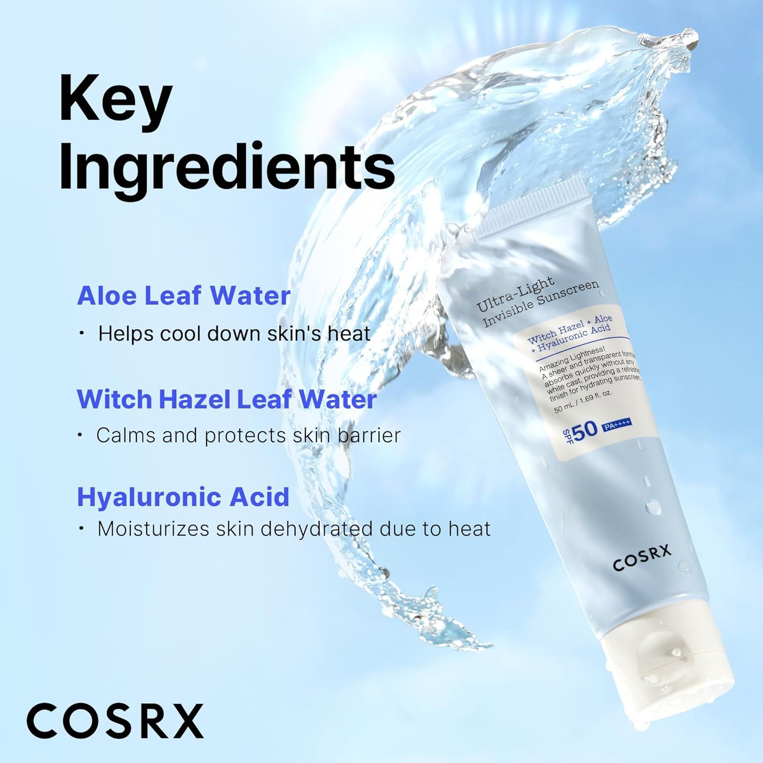 Produktabbildung mit Wasser. Text: Key Ingredients. Aloe Leaf Water, Witch Hazel Leaf Water, Hyaluronsäure. Marke: COSRX.
