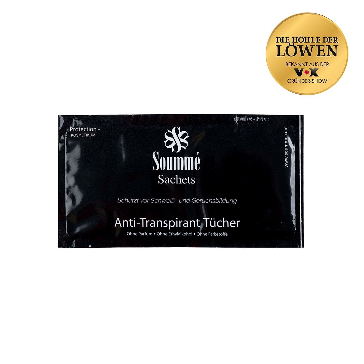 Einzelnes Soummé Antitranspirant Sachet mit der Aufschrift 'Anti-Transpirant Tücher'.