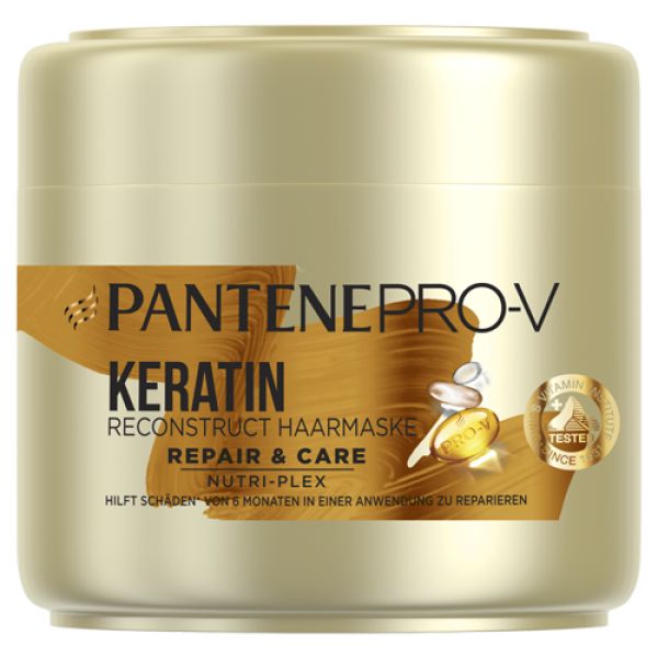 Goldfarbener Tiegel. Aufschrift: Pantene Pro-V Keratin Reconstruct Haarmaske. Repair & Care. Nutri-Plex. Mit Siegel.