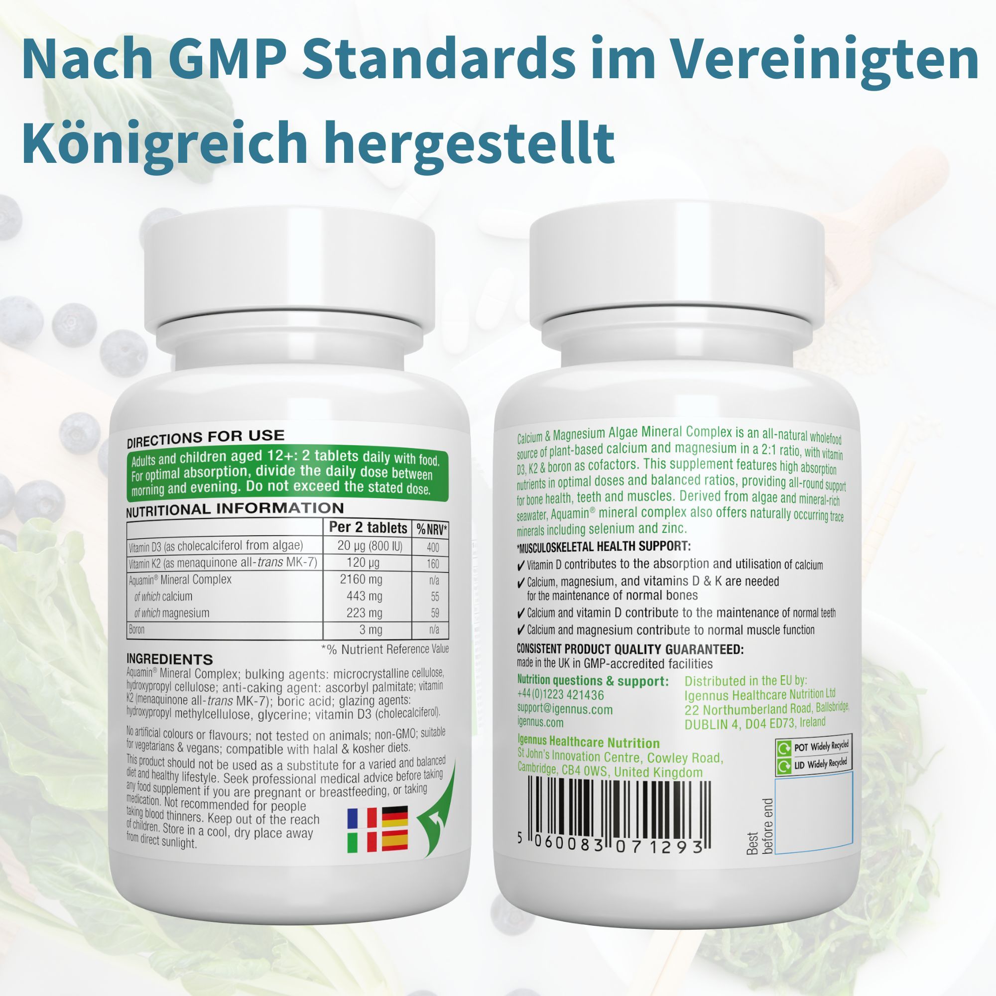 Vorder- und Rückseite der Igennus Calcium & Magnesium Flasche, hergestellt nach GMP-Standards.