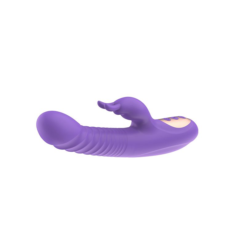 Lila Vibrator mit Hasenohren. Goldfarbene Knöpfe. 