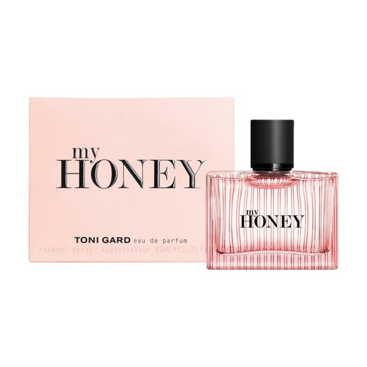 Rosa Flakon mit schwarzem Verschluss und Karton. Aufschrift: MY HONEY, TONI GARD Eau de Parfum.