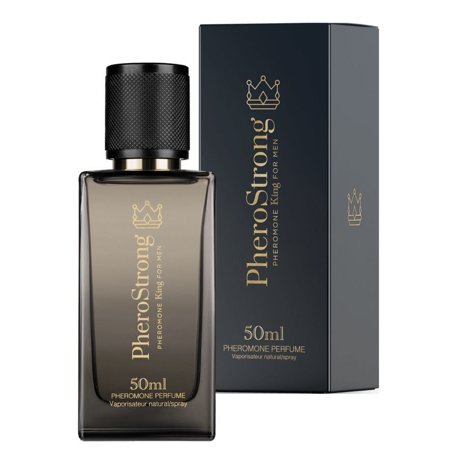 Glasflasche und Schachtel. Aufschrift: PheroStrong, 50ml, Pheromone Parfum.