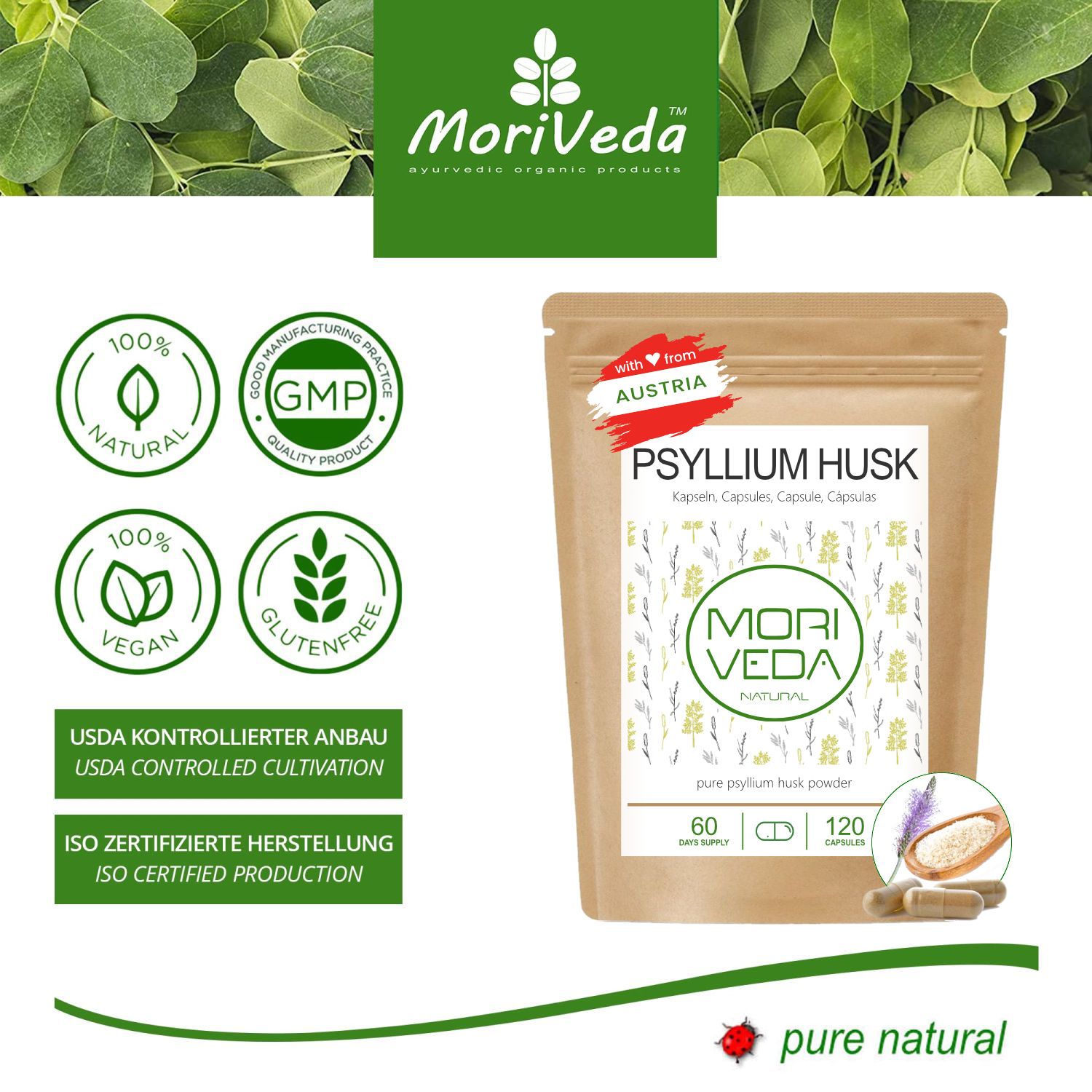 Beutel mit Psyllium Husk Kapseln. Siegel: 100% natürlich, vegan, glutenfrei. USDA kontrollierter Anbau. ISO zertifizierte Herstellung. 60/120 Kapseln.