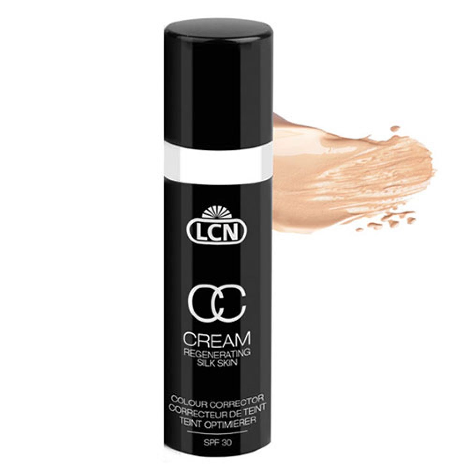 LCN CC Cream Flasche. Schwarz-weißes Design. Text: CC Cream, Regenerating Silk Skin, SPF 30. Farbklecks.