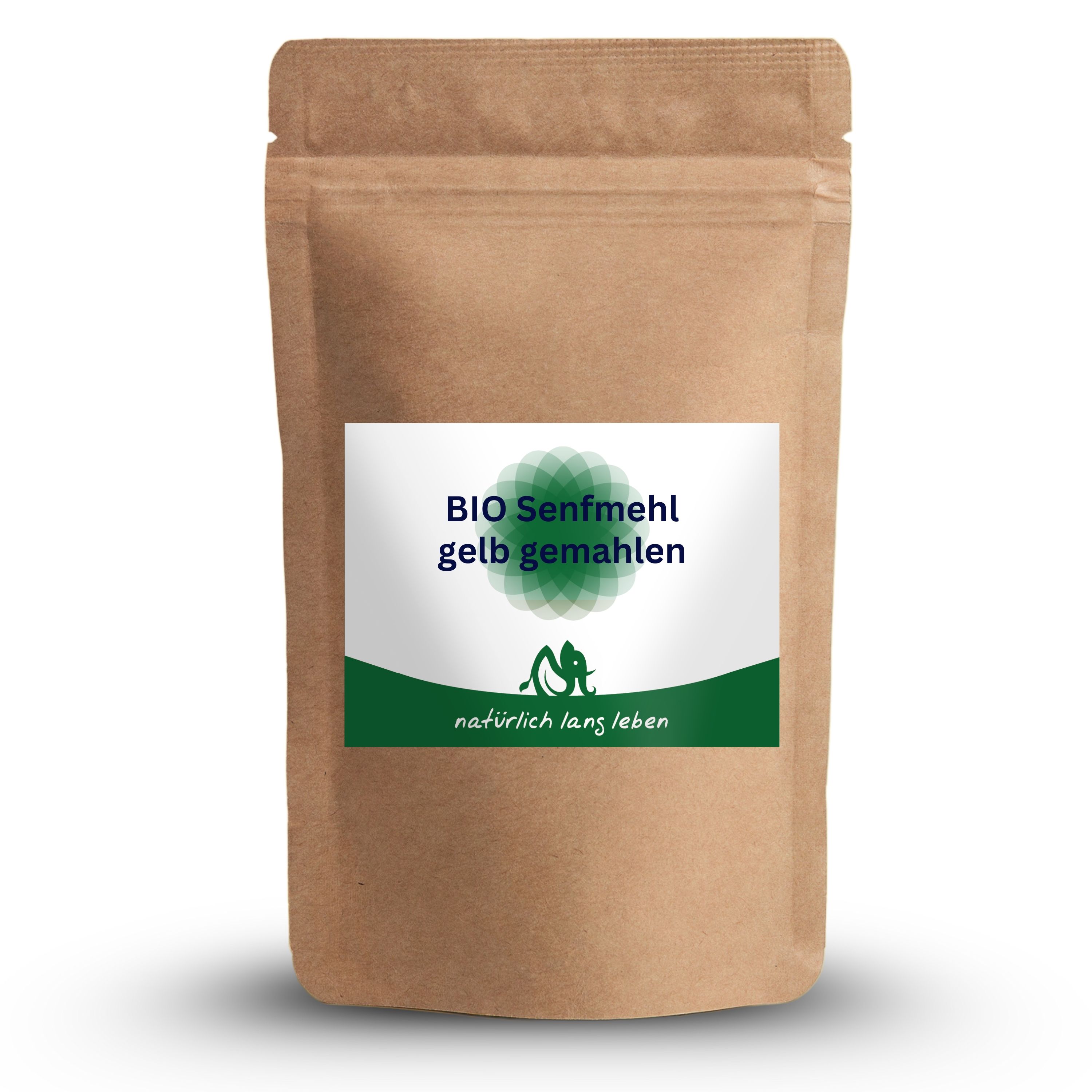 Beutel mit BIO Senfmehl, gelb gemahlen. Grün-weißes Etikett mit Produktbezeichnung und Logo.