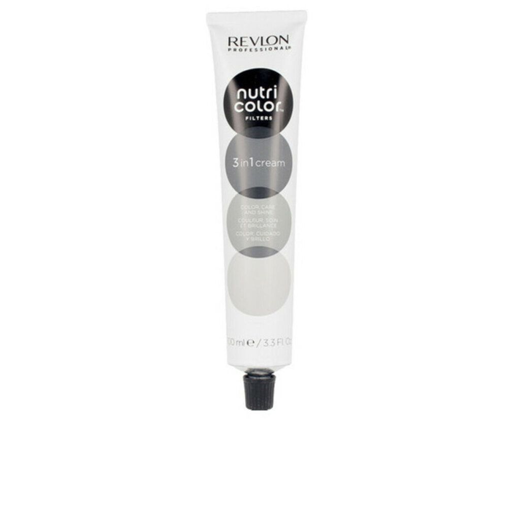 Weiß-schwarze Tube mit Produktnamen und 3-in-1-Aufdruck. Schwarzer Verschluss. Aufdruck: Revlon Nutri Color Filters.