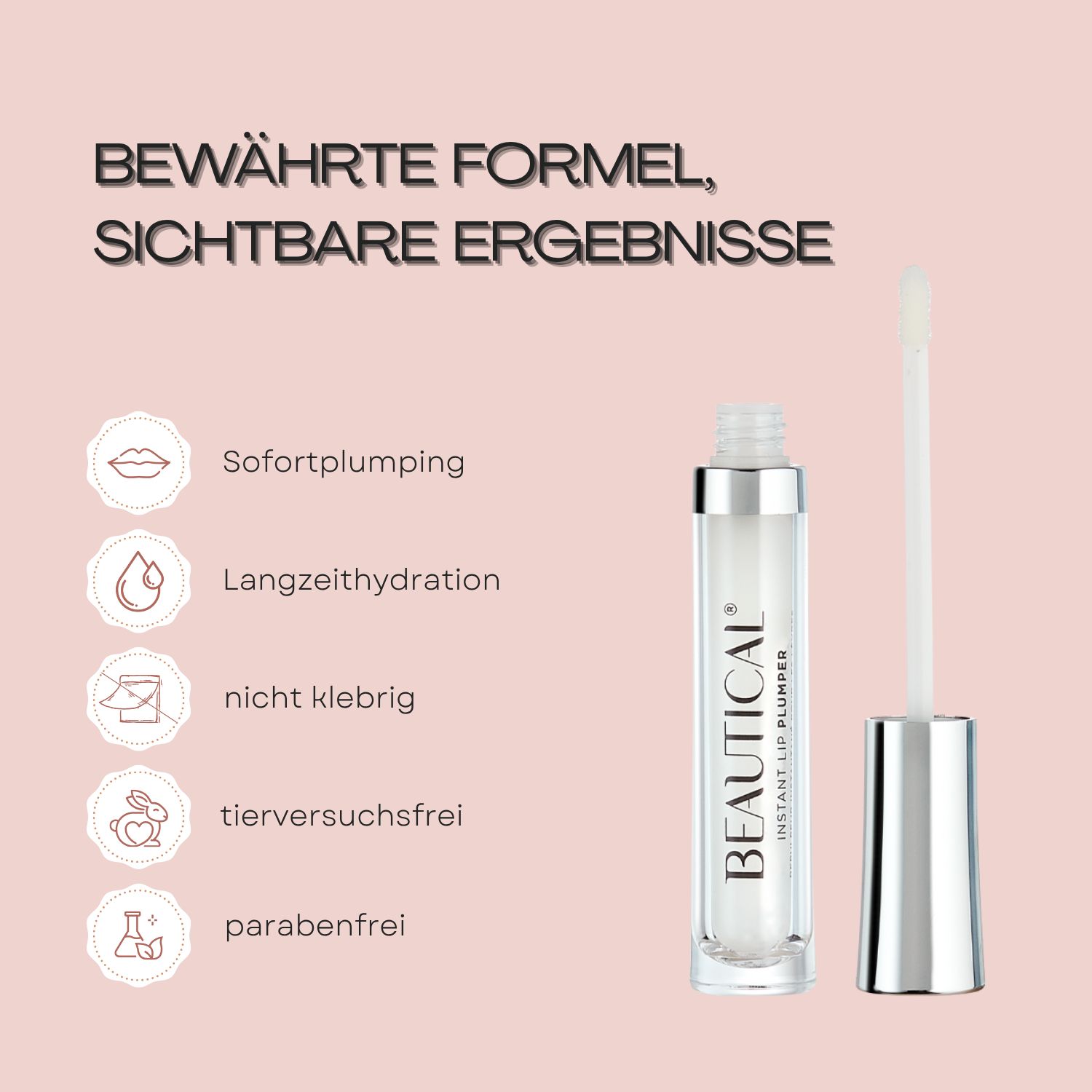 Text: BEWÄHRTE FORMEL, SICHTBARE ERGEBNISSE. Produkt mit Applikator. Symbole. Text: nicht klebrig, tierversuchsfrei.