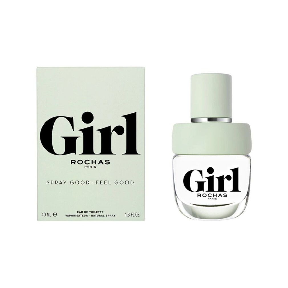 Flakon und Verpackung. Flakon mit hellgrünem Verschluss. Verpackung mit "Girl" und "Rochas".