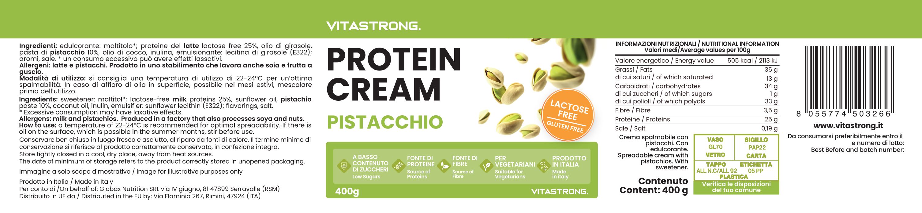 Etikett der Pistazien-Proteincreme. Text: Vitastrong, Protein Cream Pistacchio, 400g. Enthält Nährwertangaben und Zutatenliste.