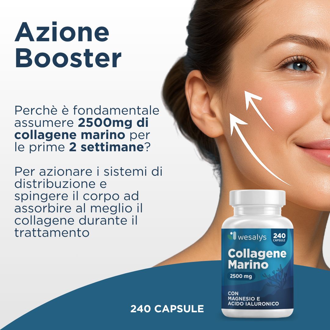 Produktflasche neben Gesicht. Text: Collagene Marino, 2500 mg, 240 Kapseln. Booster-Wirkung für die ersten 2 Wochen.