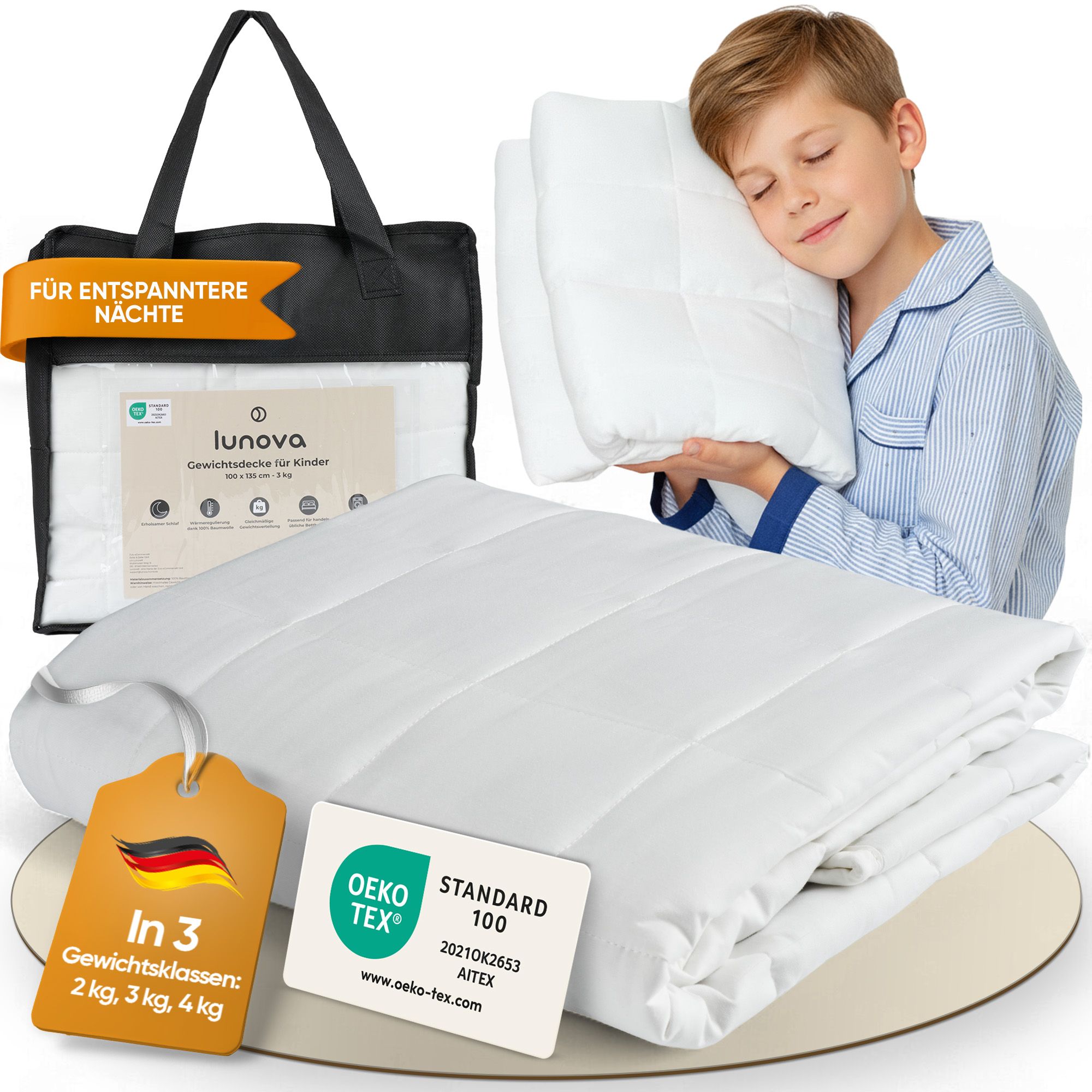 Kind mit Decke und Kissen. Decke in Tragetasche. Oeko-Tex-Zertifikat. Gewichtsangaben: 2 kg, 3 kg, 4 kg.